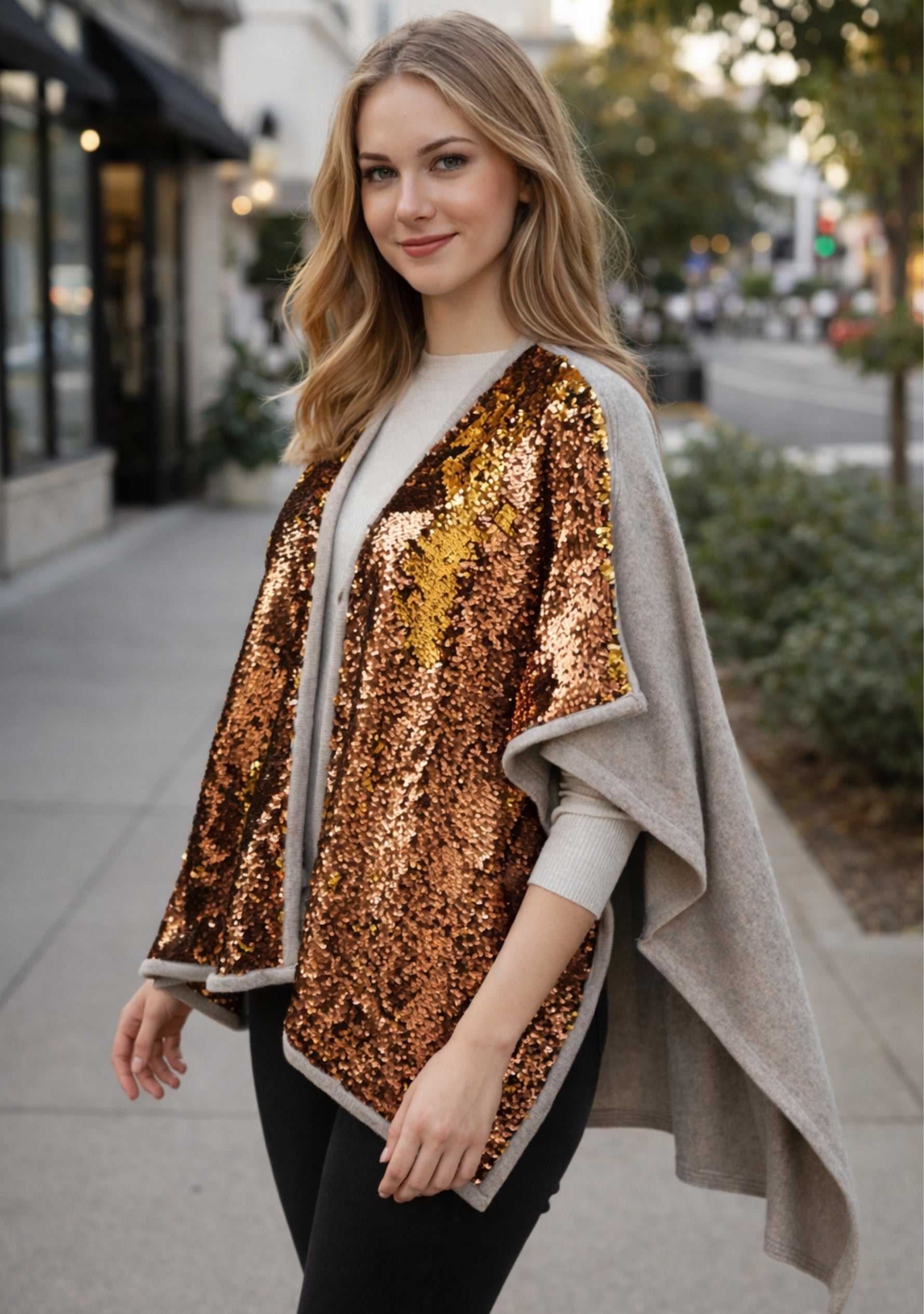 Copper Gold Sequin & Taupe Melange Wool Cape