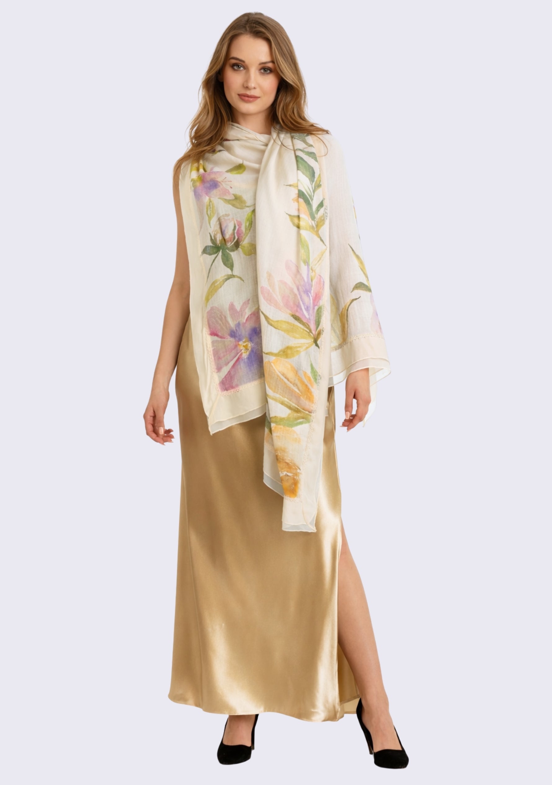 Beige Cashmere Scarf 
Hand-Painted, Frill & Lace