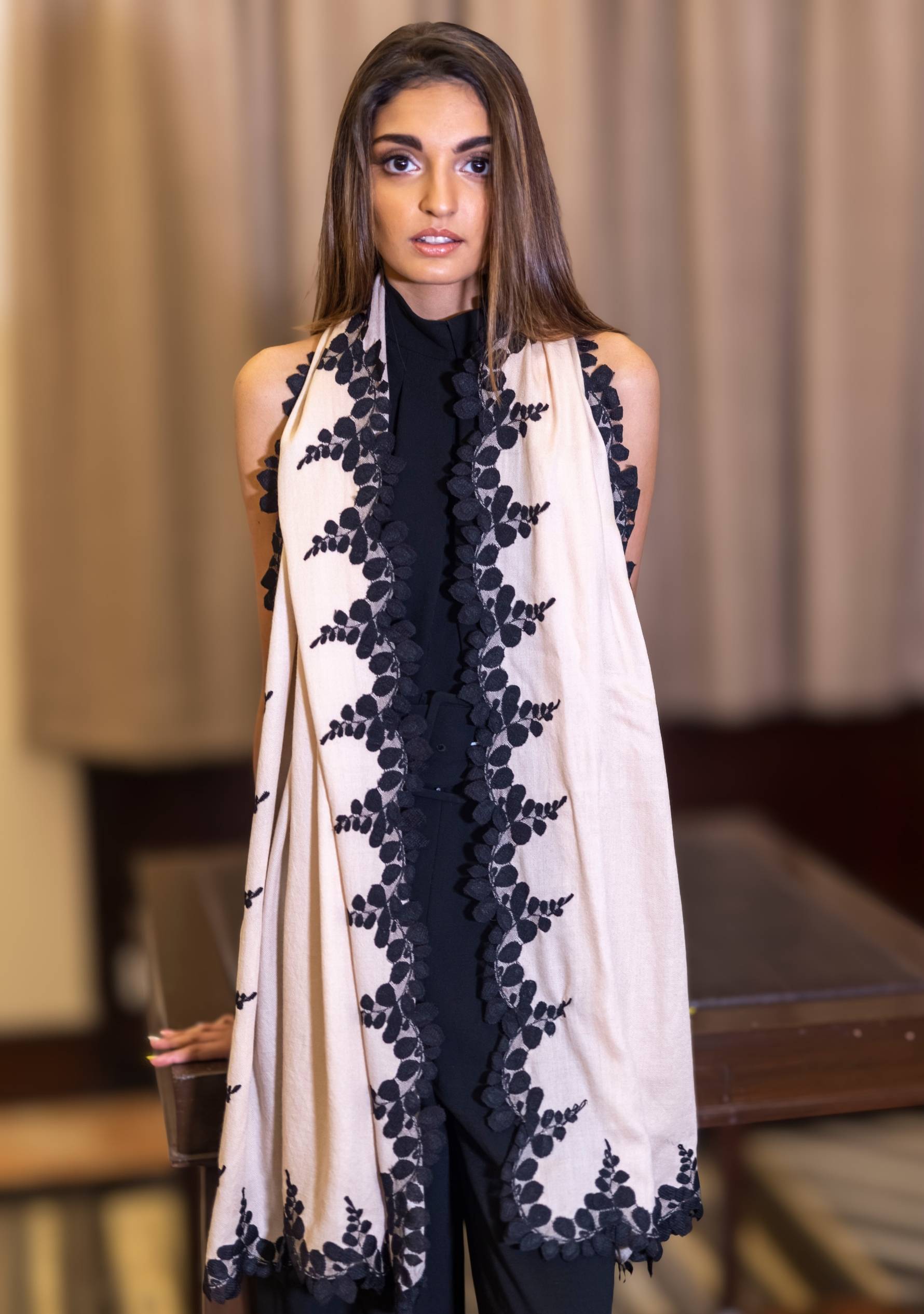 Beige Silk & Wool Scarf 
Black Lace