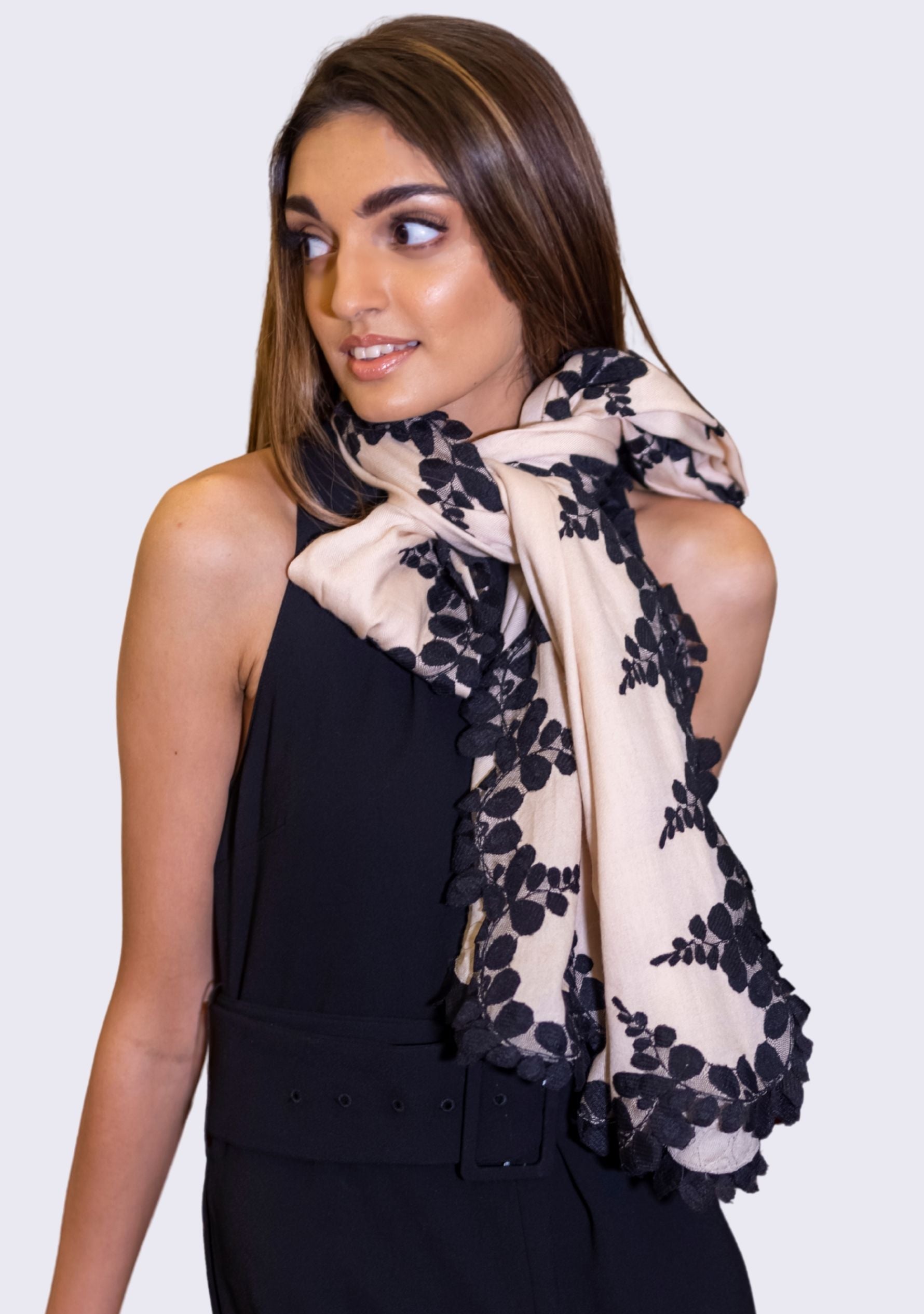 Beige Silk & Wool Scarf 
Black Lace