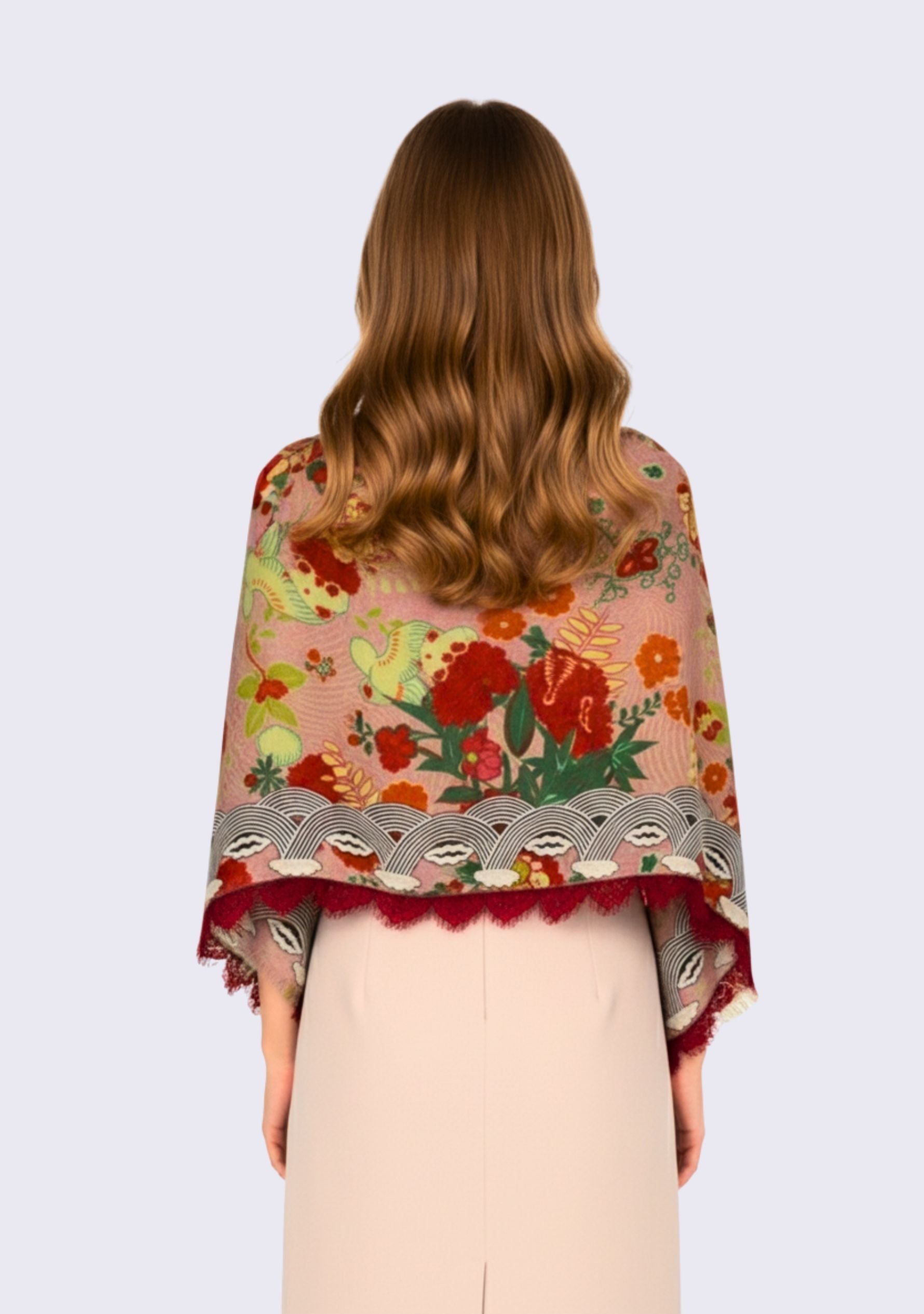 Red Print Wool & Silk Scarf  Embroidery & Red-Gray Lace