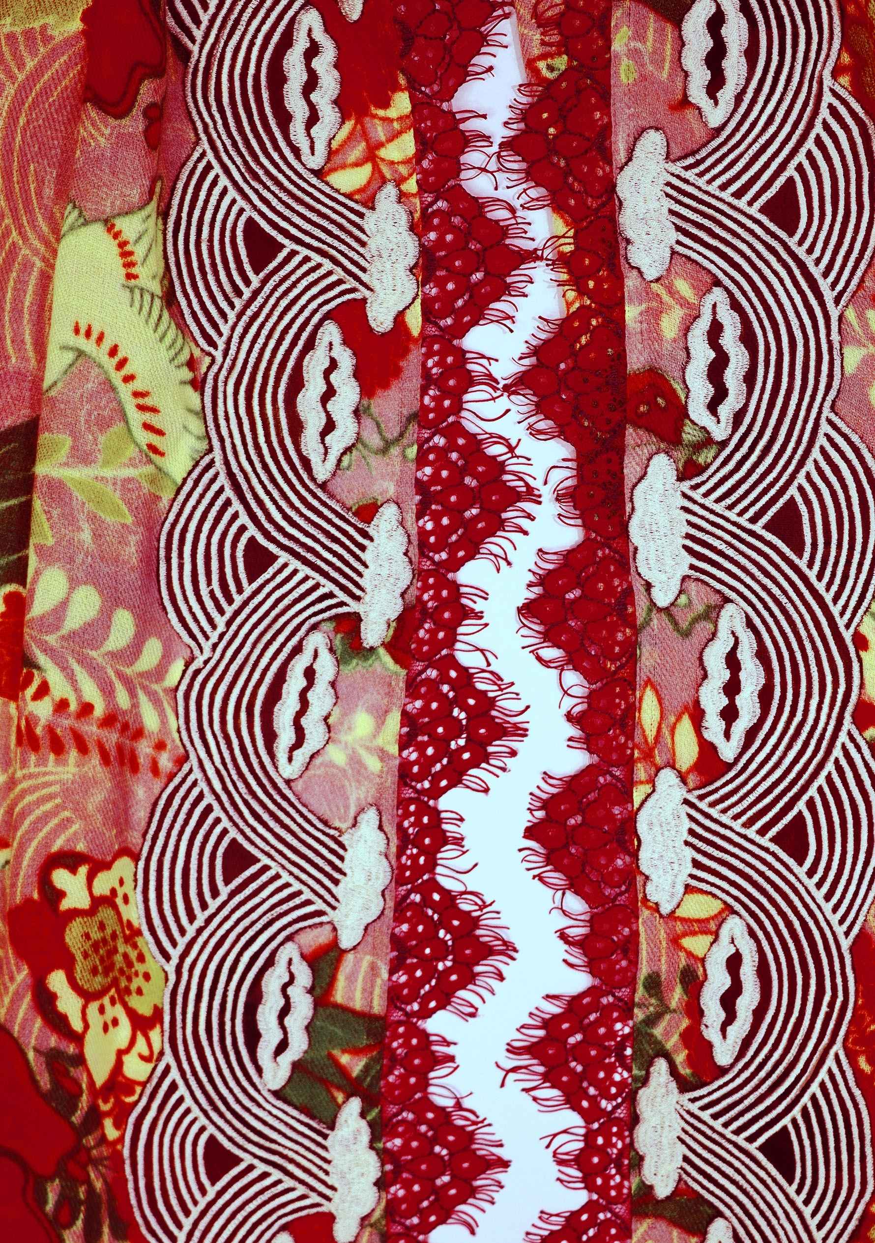 Red Print Wool & Silk Scarf  Embroidery & Red-Gray Lace