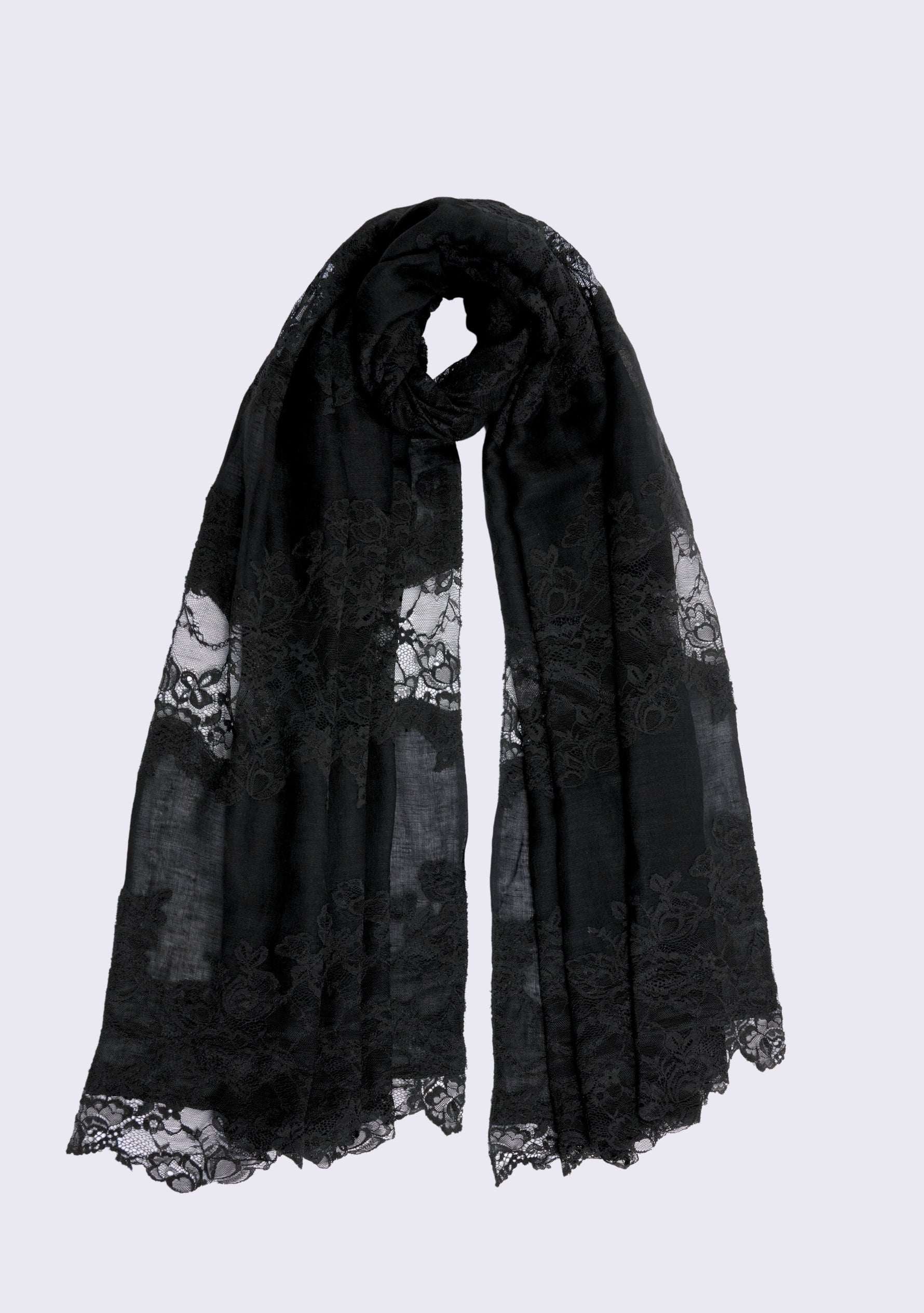Maneesha Ruia black linen modal scarf with black lace panels, luxury lightweight designer scarf for women