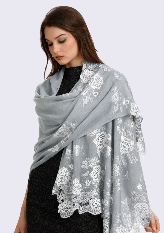 Silver Gray Cashmere Scarf Silver Gray & Lt. Blue Lace