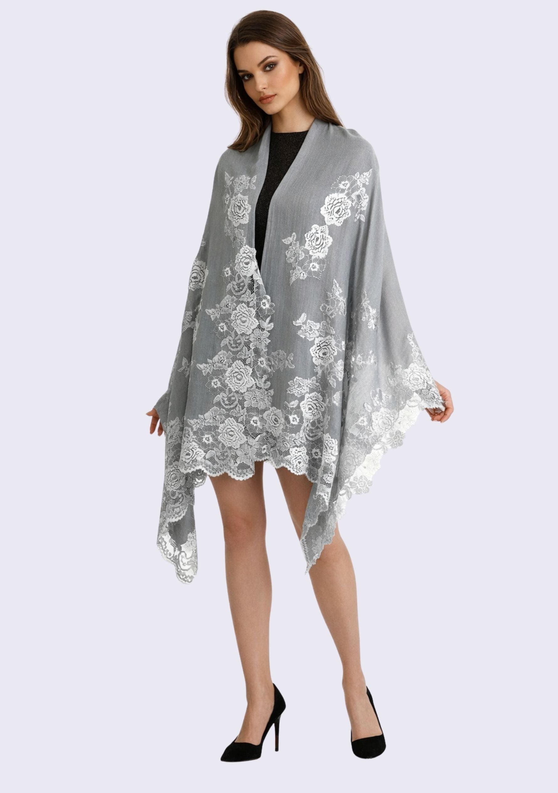 Silver Gray Cashmere Scarf Silver Gray & Lt. Blue Lace