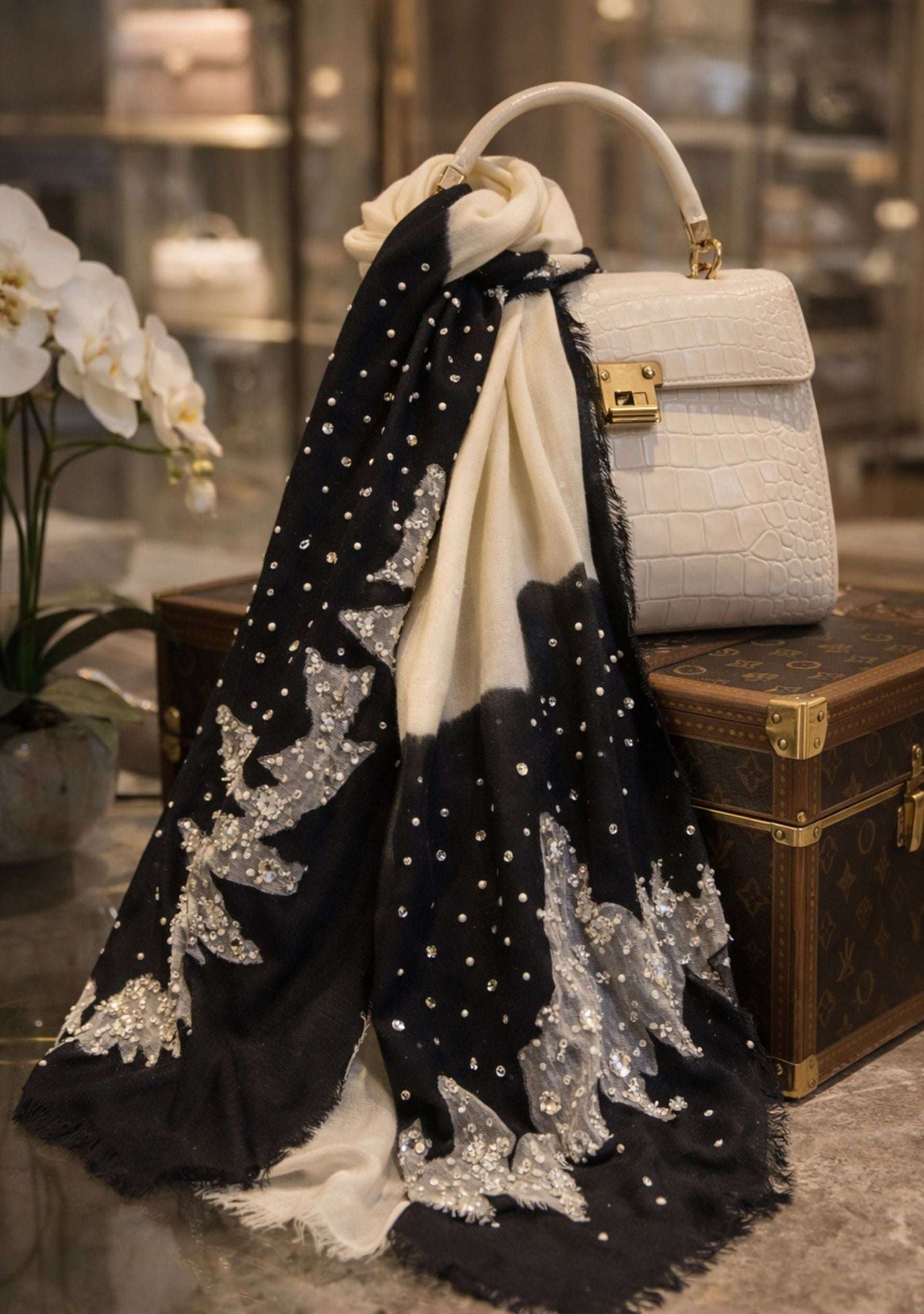 Black-Ivory Cashmere Scarf Silver Rhinestones & White Pearls