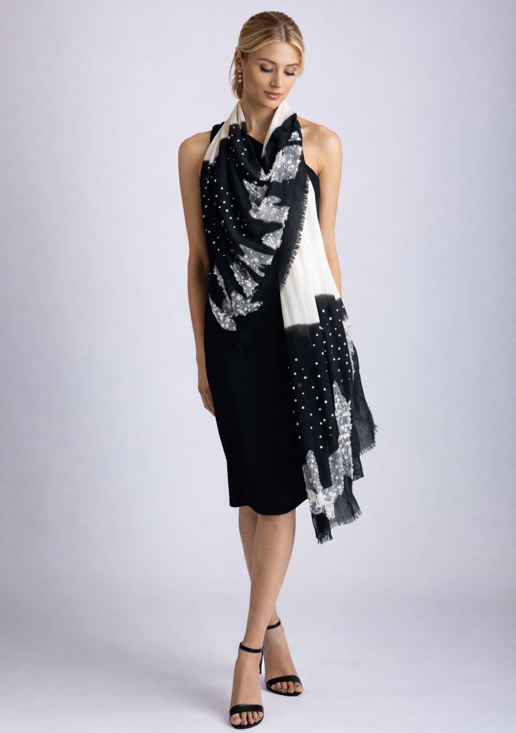 Black-Ivory Cashmere Scarf
Silver Rhinestones & White Pearls