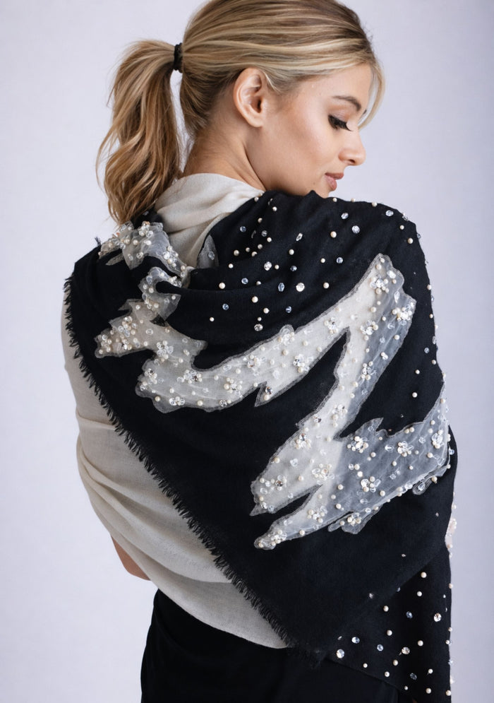 Black-Ivory Cashmere Scarf
Silver Rhinestones & White Pearls