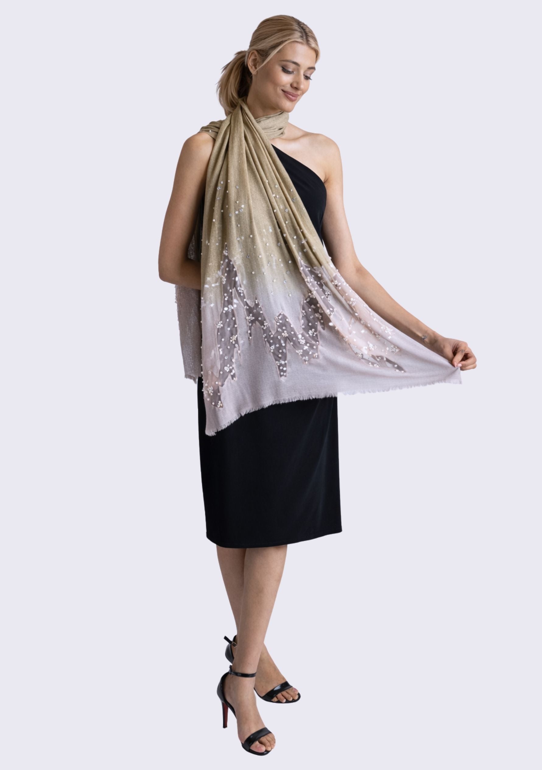 Mousse-Khaki Cashmere Scarf Silver Rhinestones & White Pearls