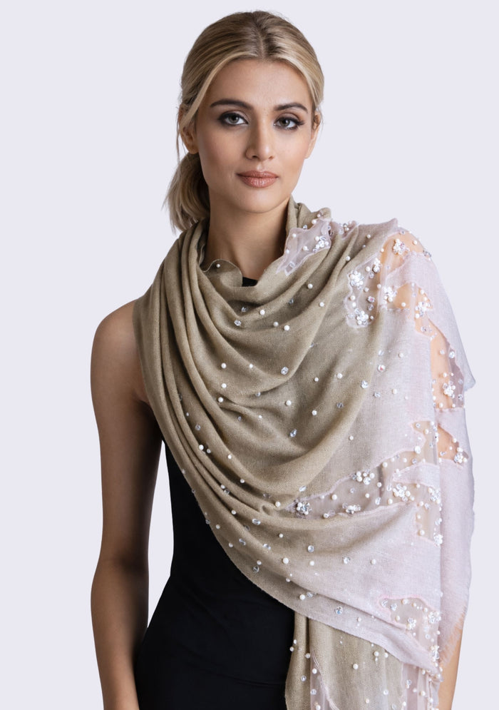 Mousse-Khaki Cashmere Scarf Silver Rhinestones & White Pearls