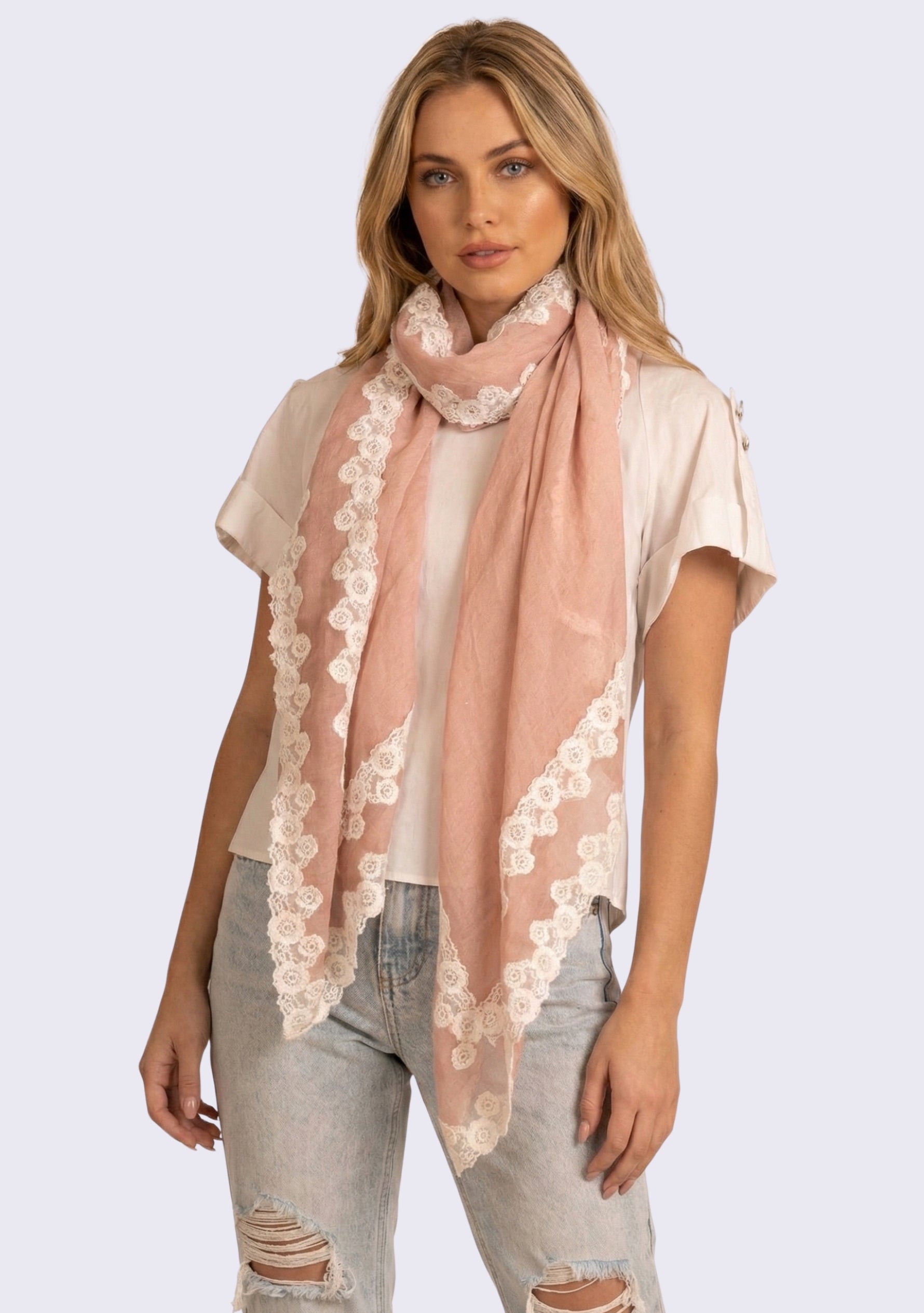 Lt. Copper Linen & Modal Scarf 
White Lace