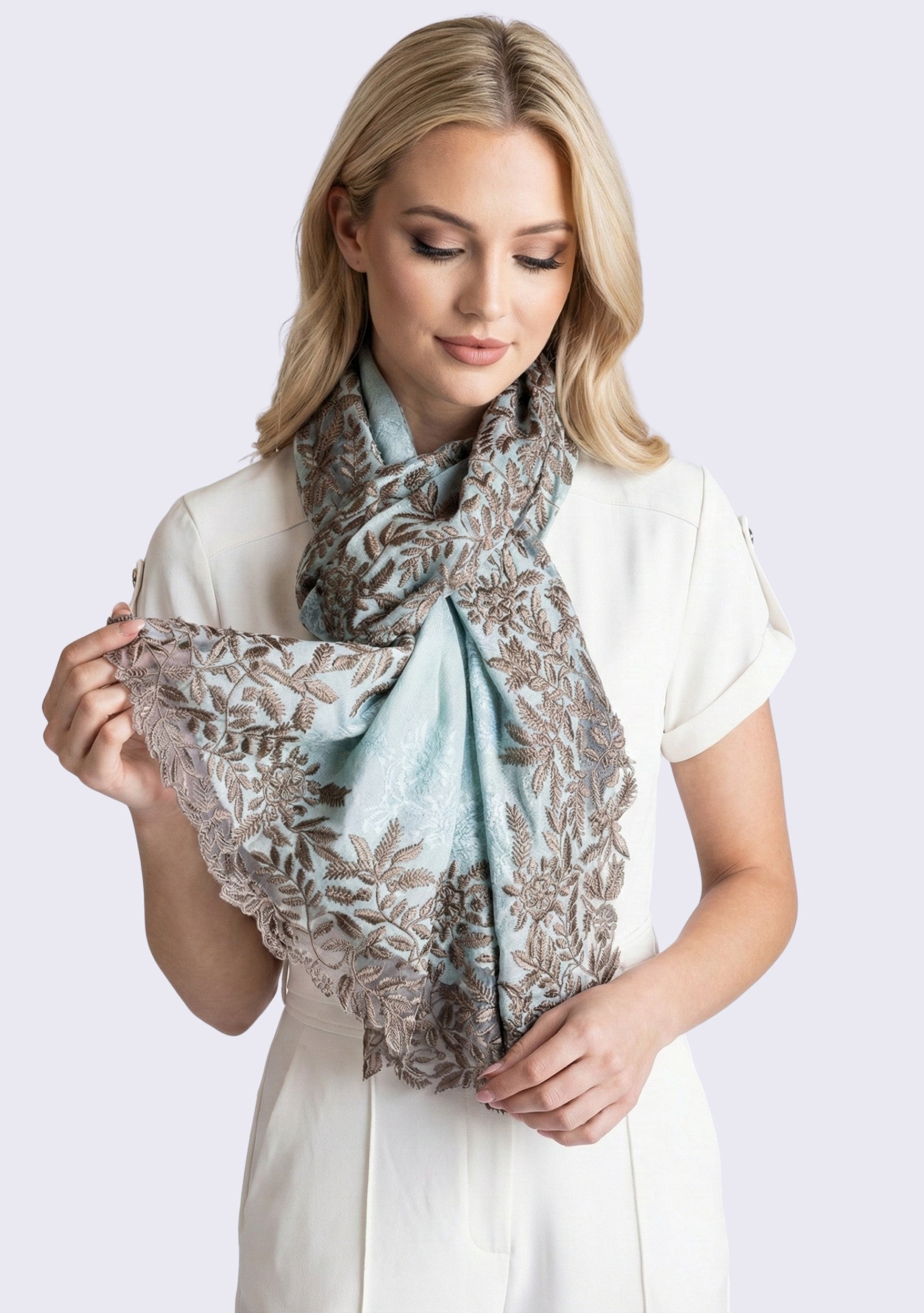 Pistachio Cashmere Scarf Taupe Embroidery & Pistachio Lace