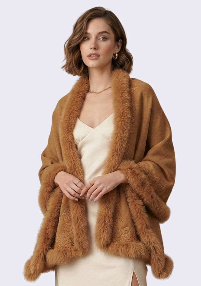 Camel Cashmere wrap, Camel Fox Fur & Floral Lace