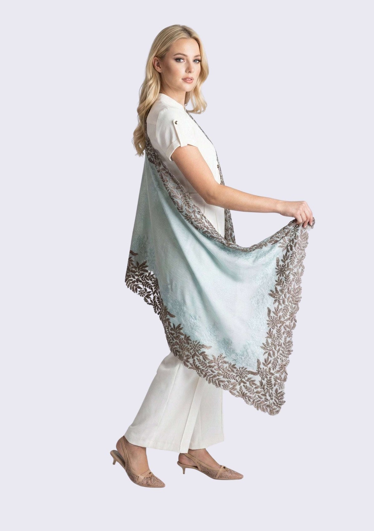Pistachio Cashmere Scarf Taupe Embroidery & Pistachio Lace