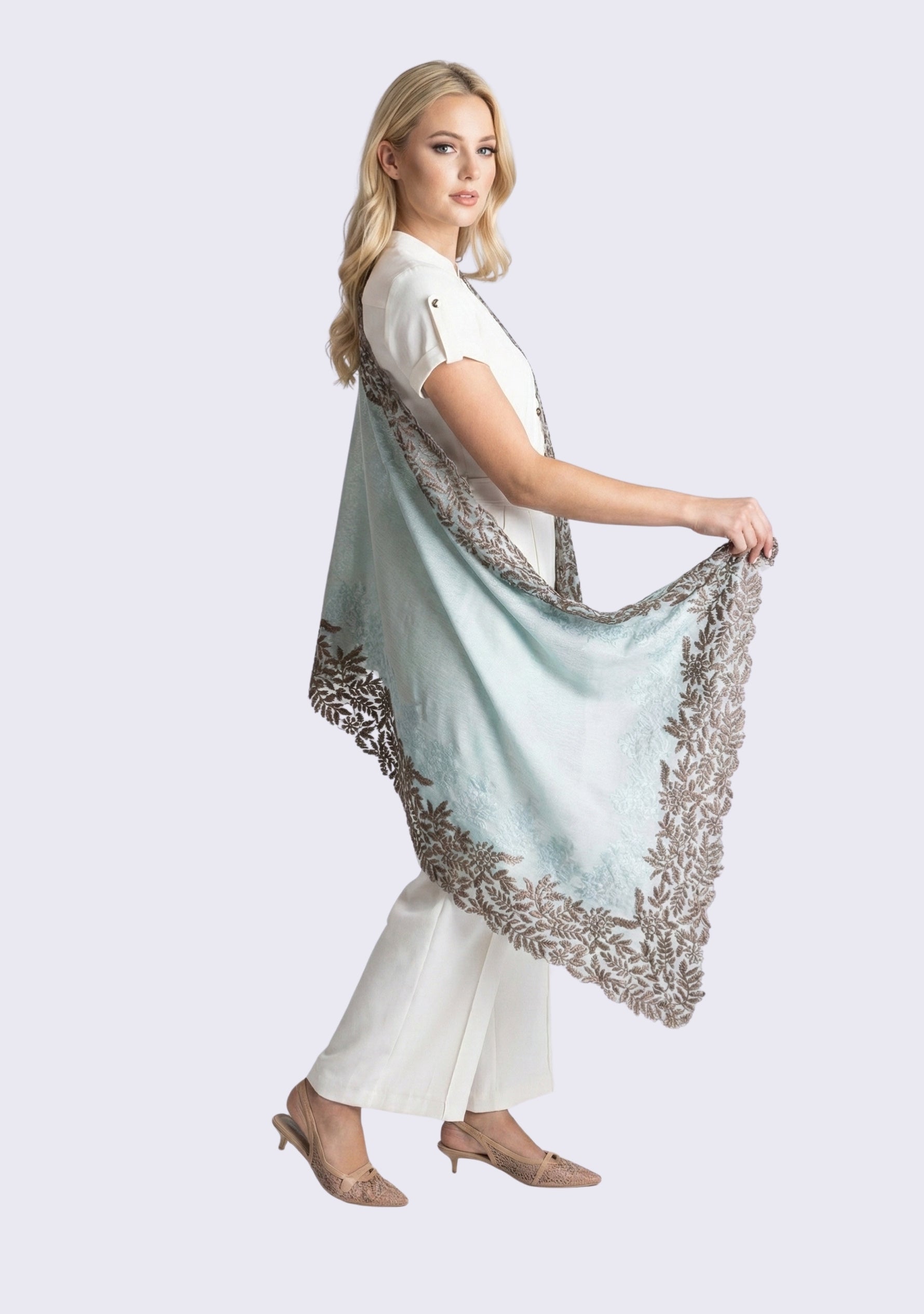 Pistachio Cashmere Scarf Taupe Embroidery & Pistachio Lace