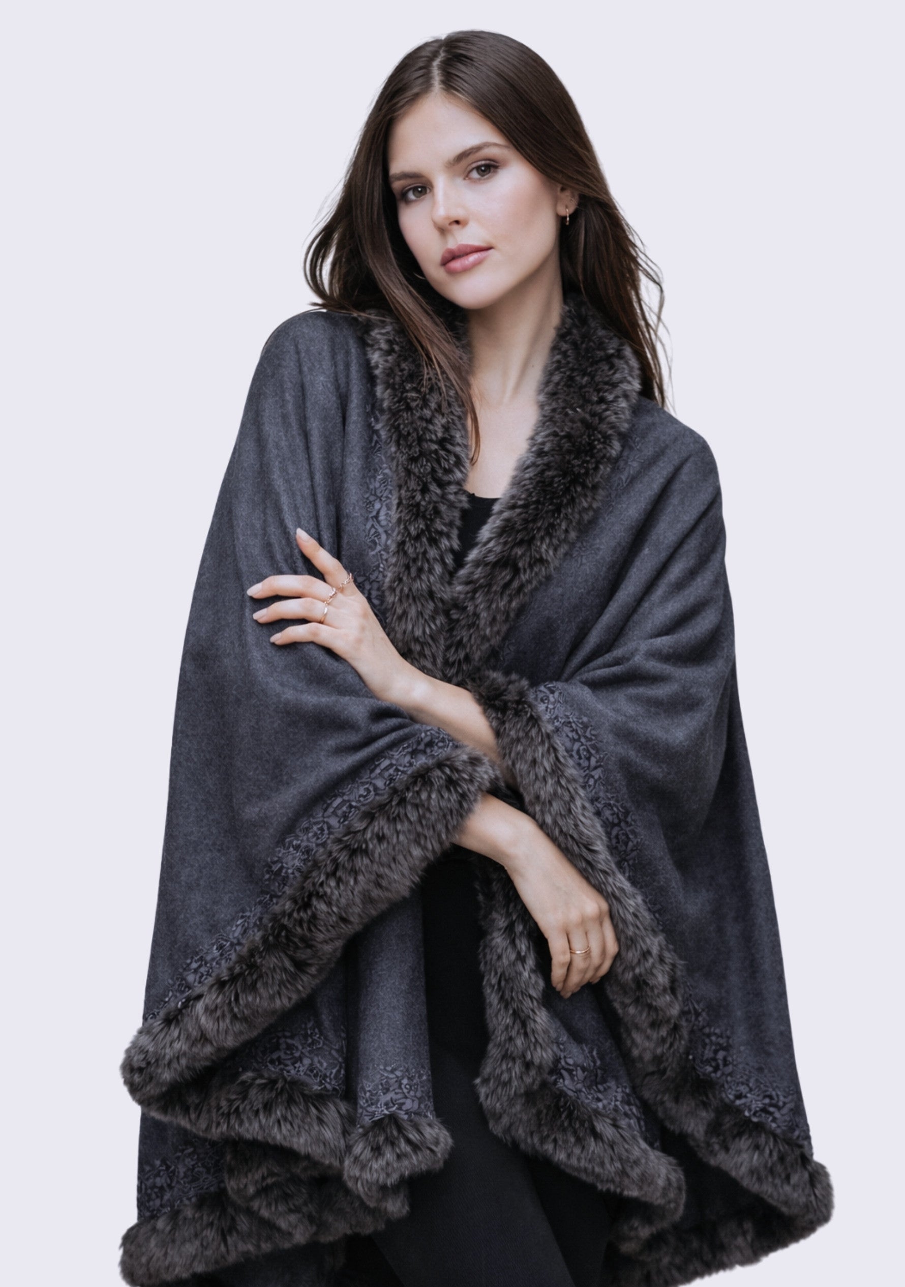 Charcoal Cashmere wrap, Fox Fur & Charcoal Floral Lace