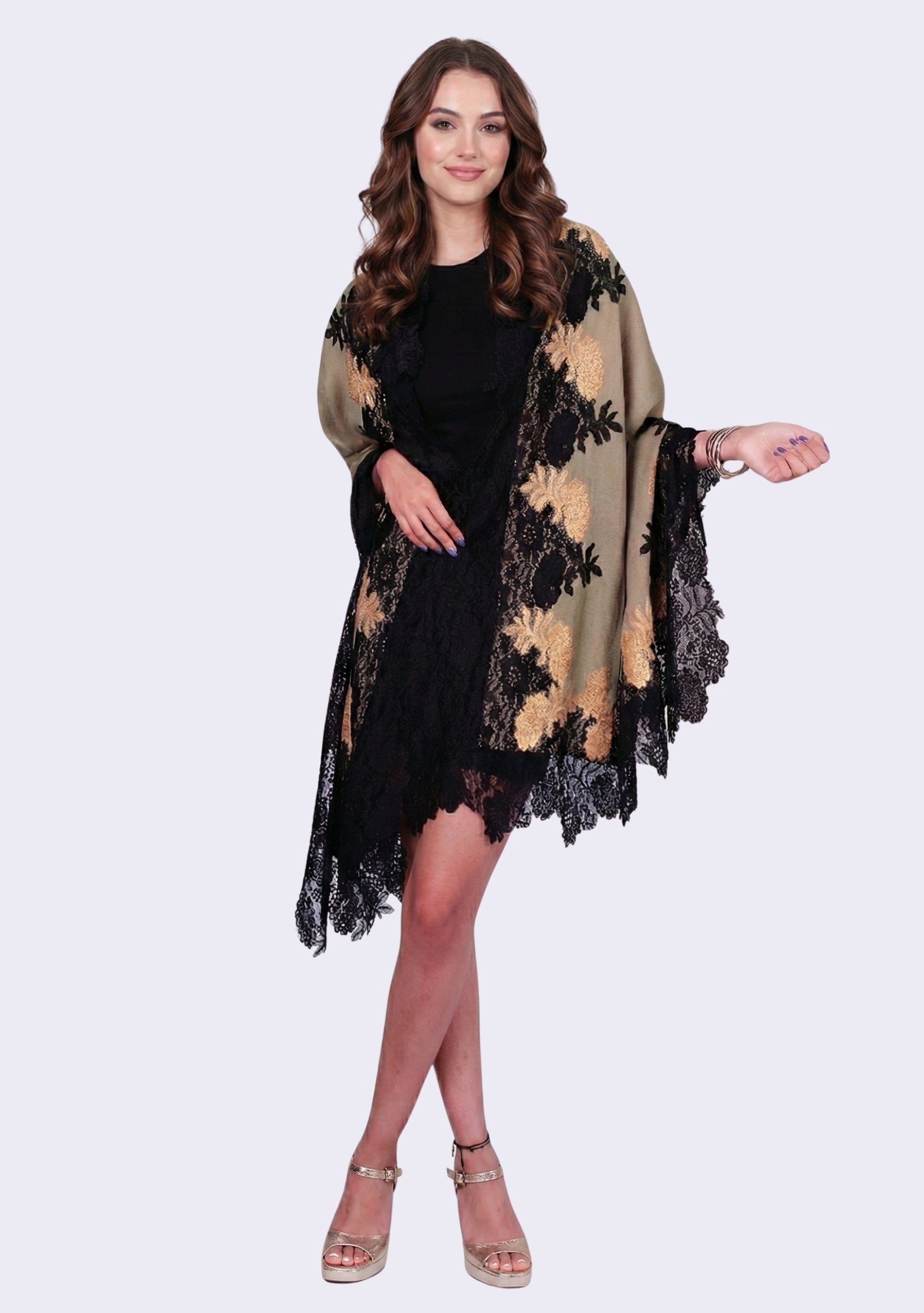 Natural Wool & Silk Scarf Black & DK. Gold Double Color Lace