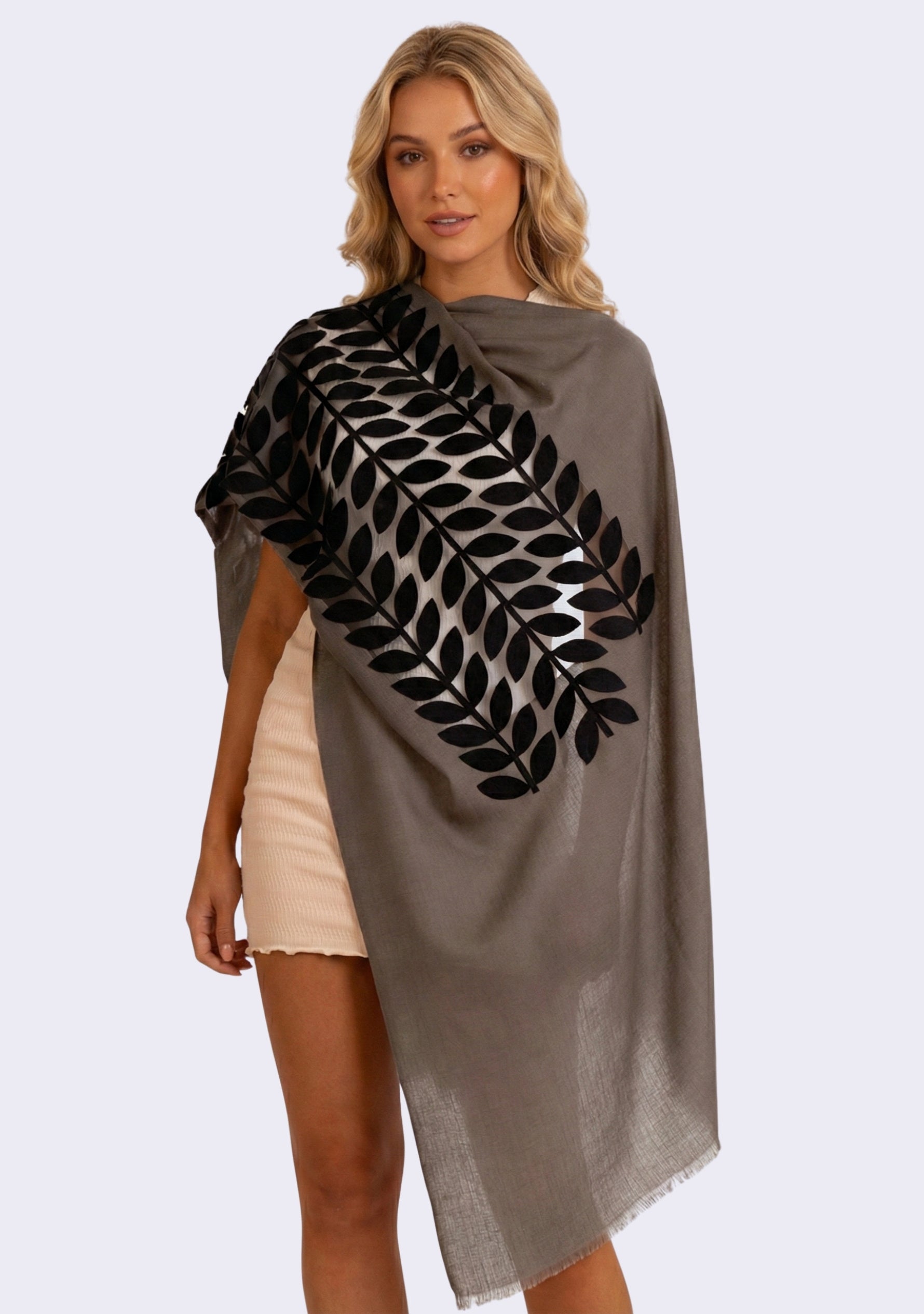 Mousse Cashmere Scarf Charcoal Suede Leather Applique