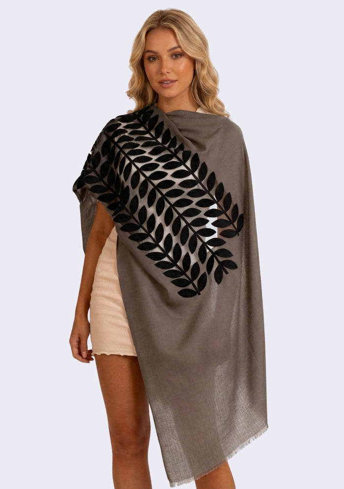 Mousse Cashmere Scarf Charcoal Suede Leather Applique