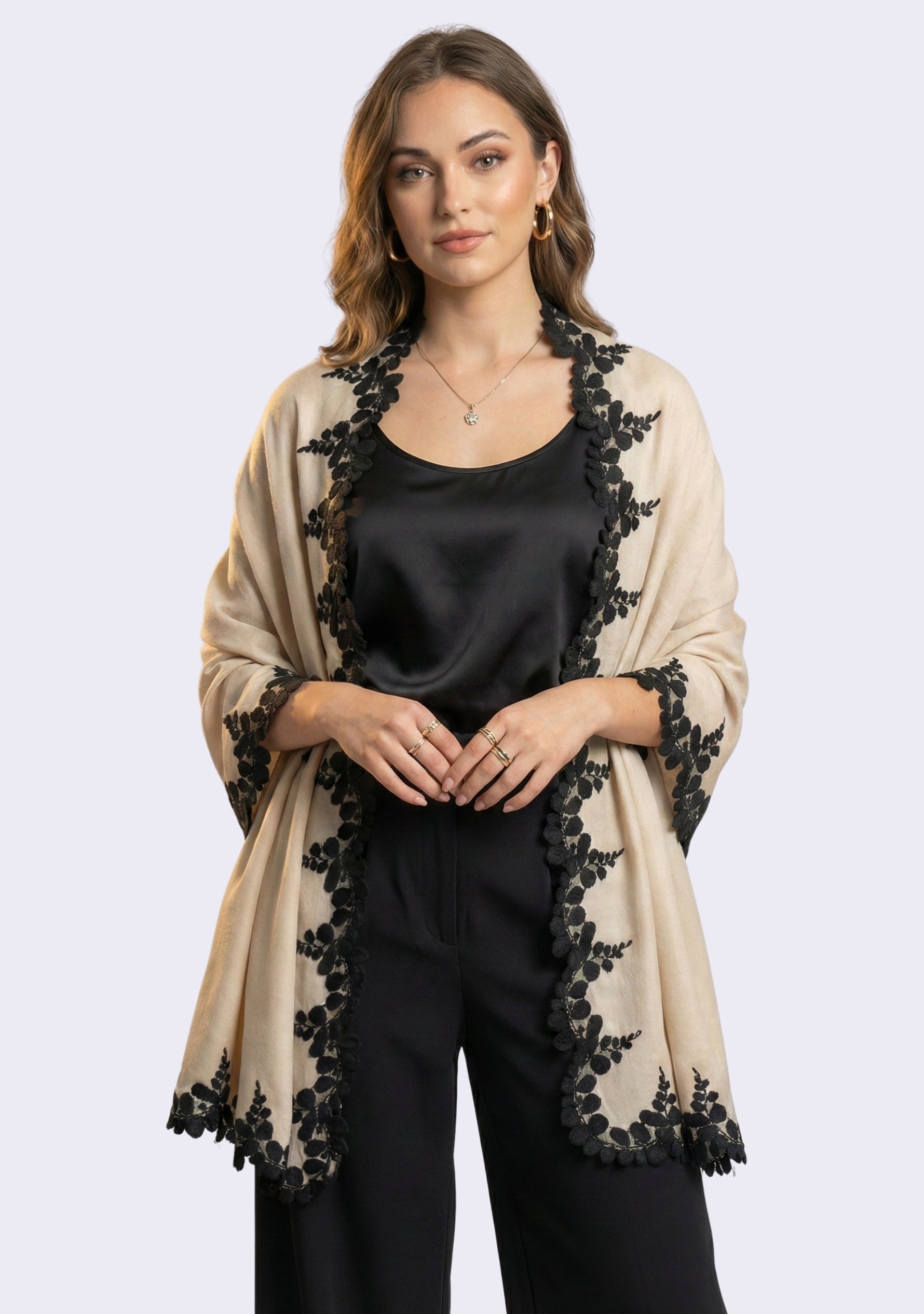 Beige Silk & Wool Scarf 
Black Lace