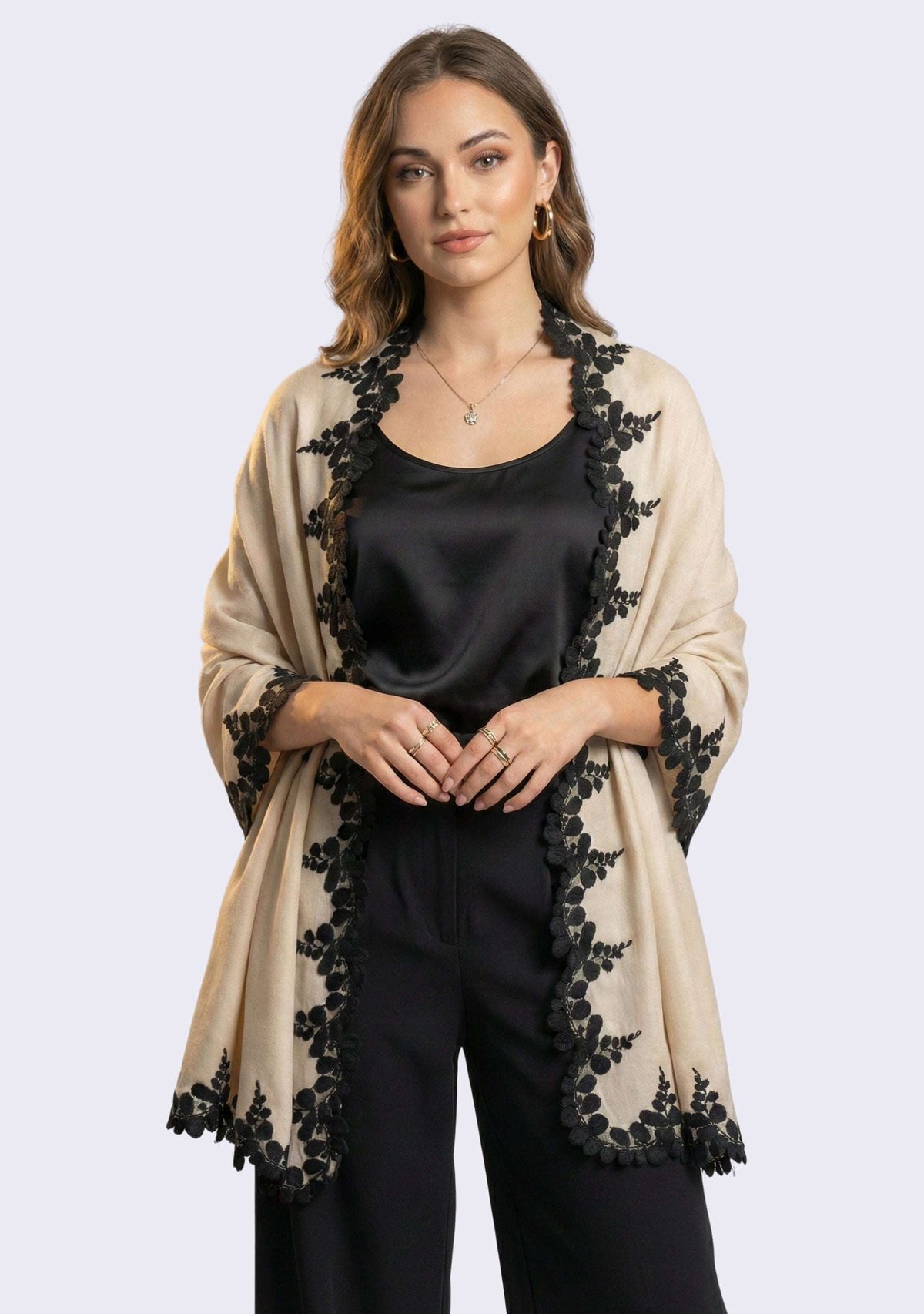 Beige Silk & Wool Scarf 
Black Lace