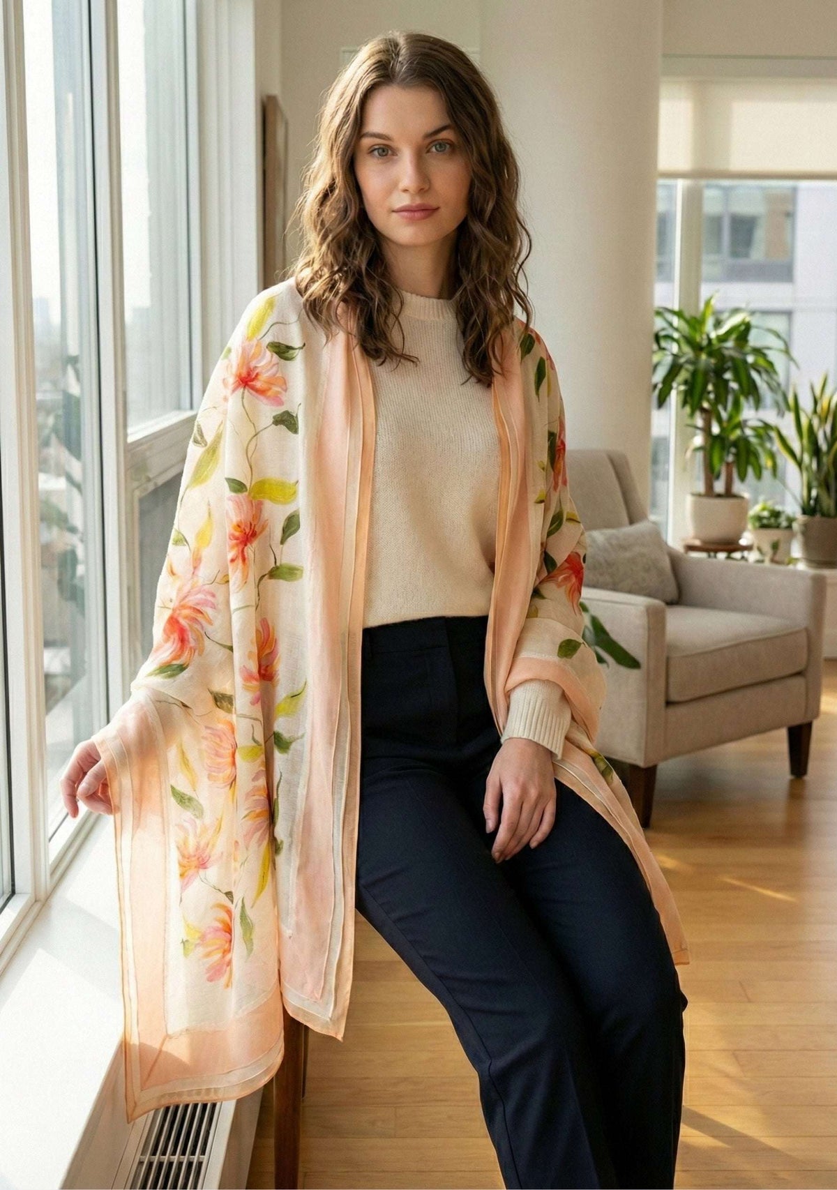 Ivory Linen & Modal Scarf Hand-Painted, Border & Lace Trim