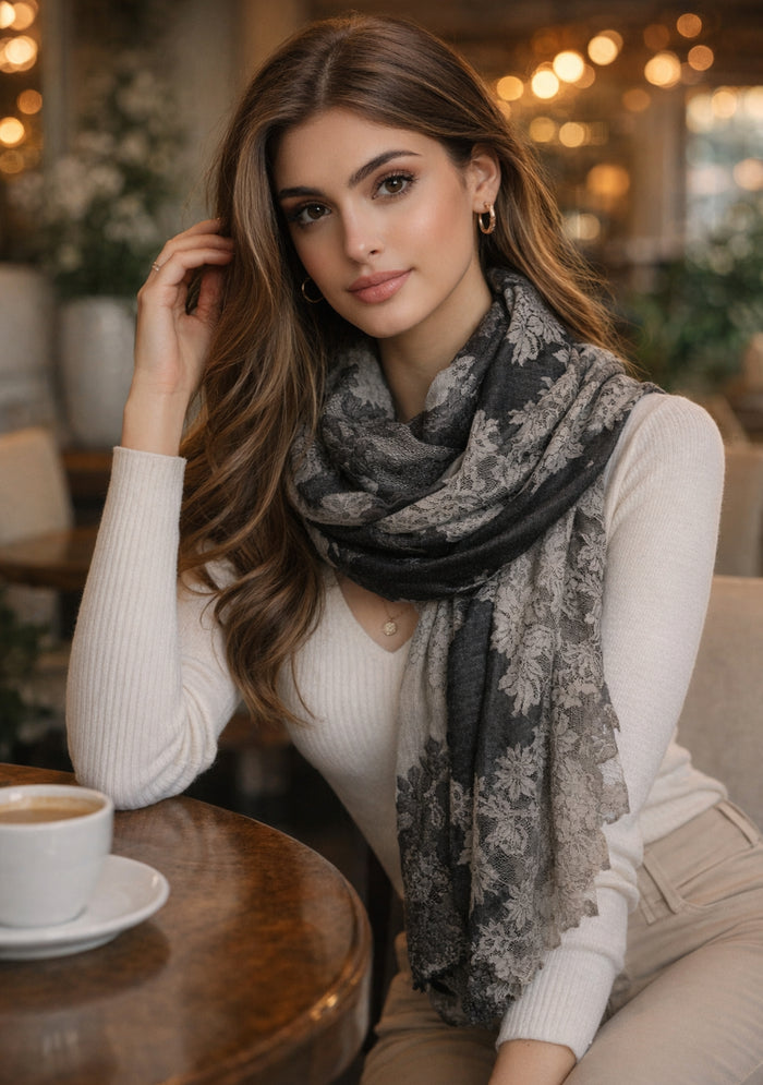 Black & Taupe Reversible Wool & Silk Scarf Black & Taupe Lace