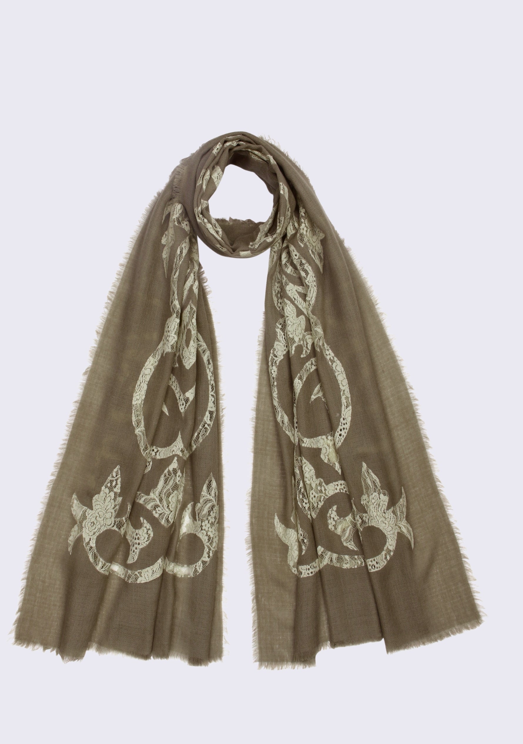 Taupe Cashmere Scarf 
Beige Lace