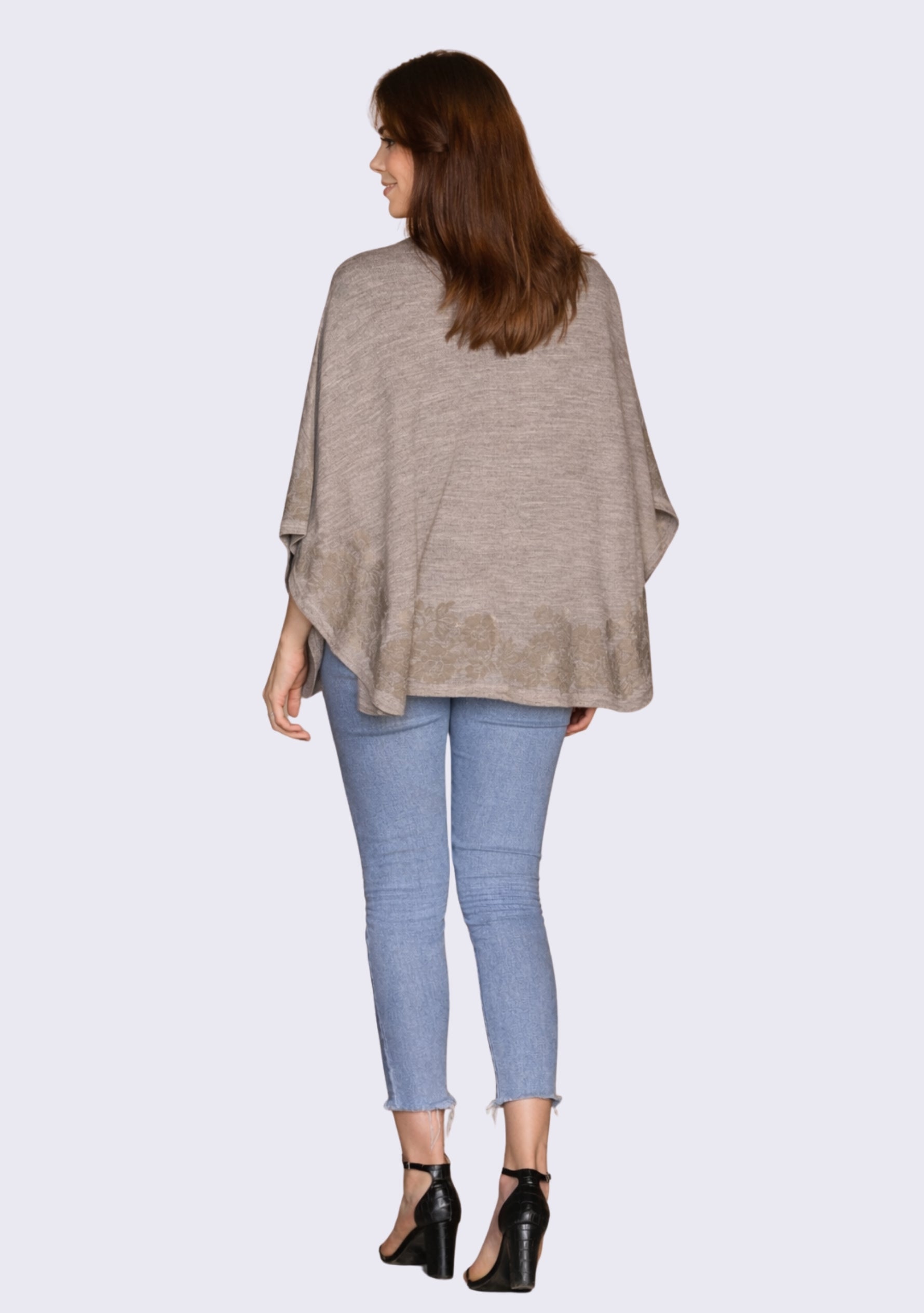 Taupe Melange Wool Collared Cape 
Dk. Taupe Lace