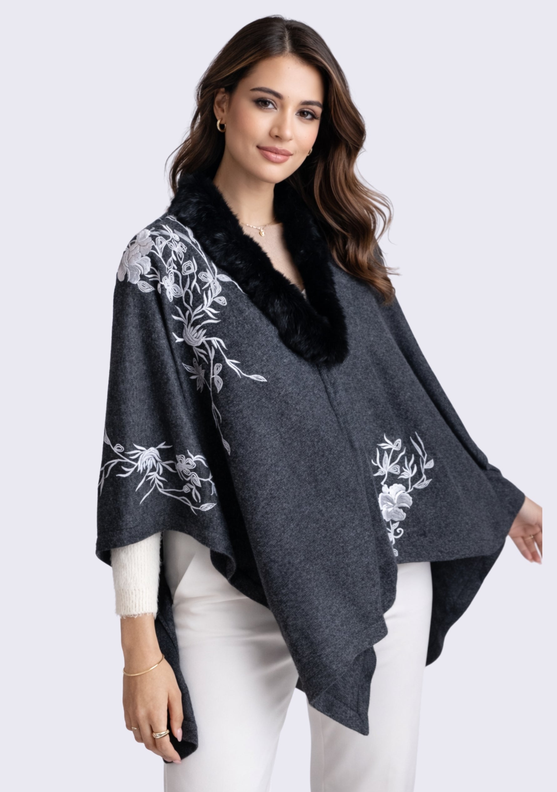 Charcoal Melange Wool Cape Lt. Gray Embroidery & Black Fur