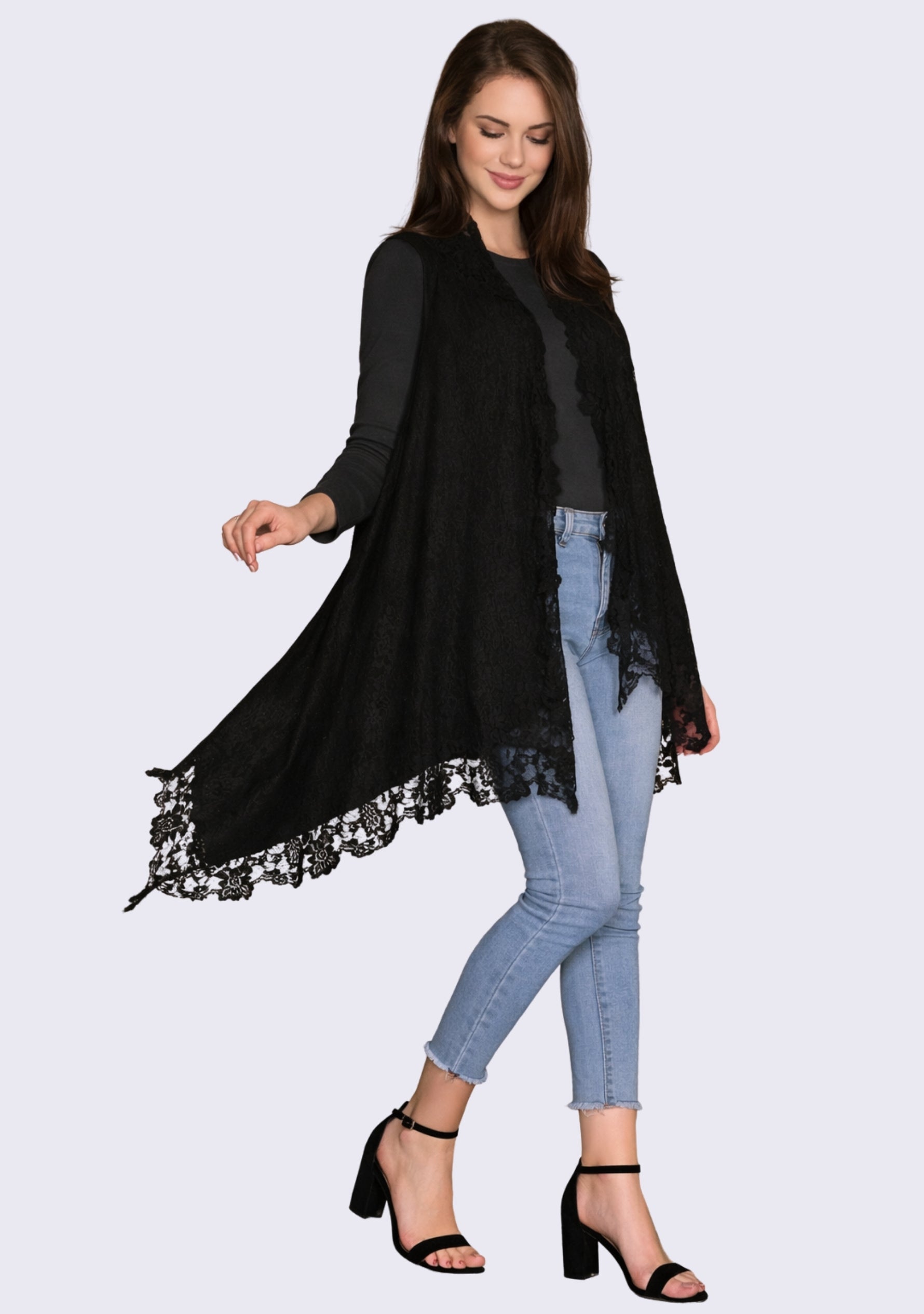 Black Wool Sleeveless Jacket Black Lace