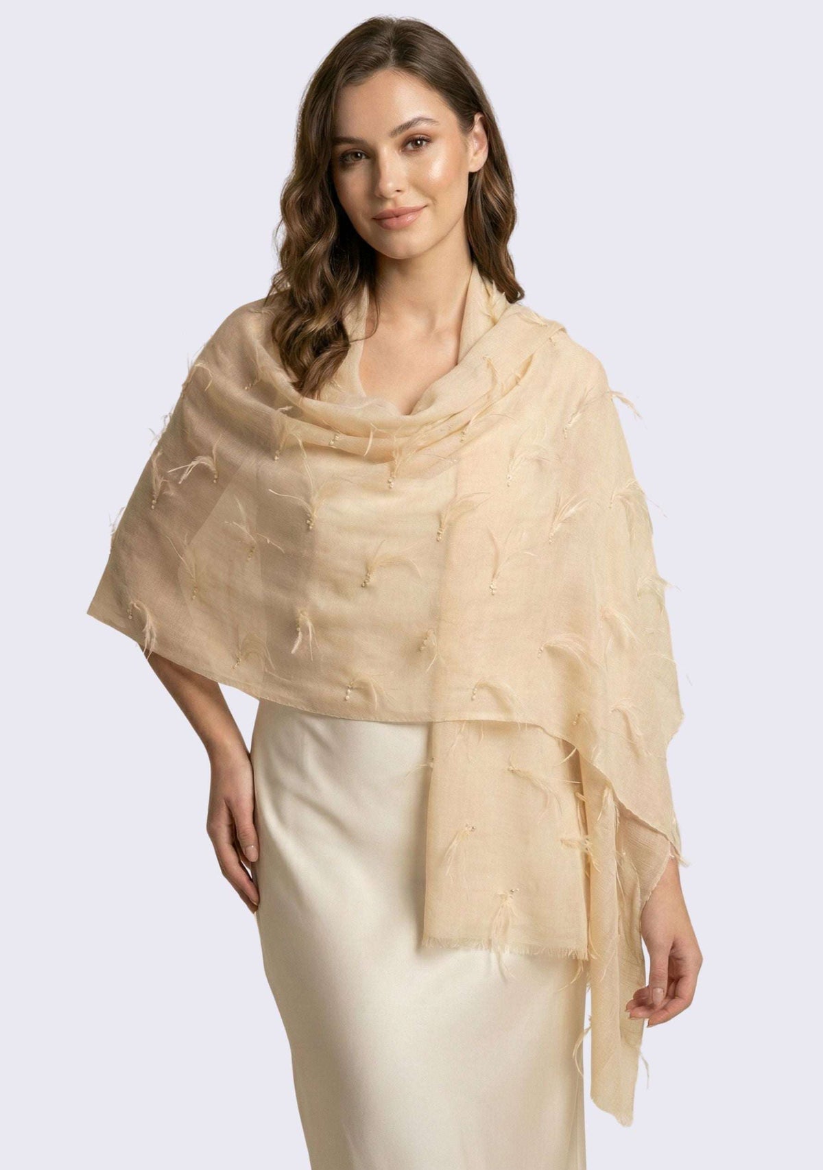 Beige Cashmere Pashmina Scarf Beige Ostrich Feathers & Silver Swarovski Crystal