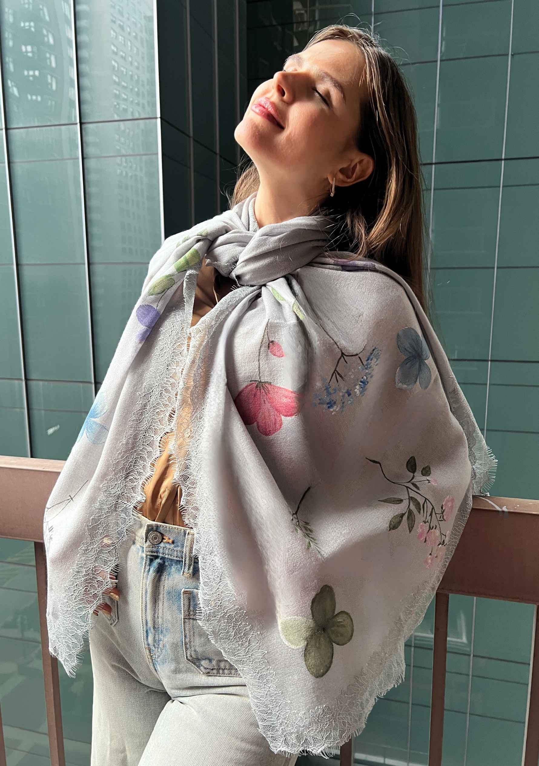 Lt. Gray Cashmere Scarf Hand-Painted & Lt. Gray Lace