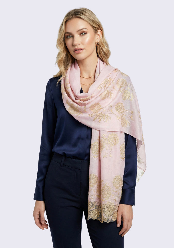 Pale Pink Wool & Silk Scarf Gold Lace
