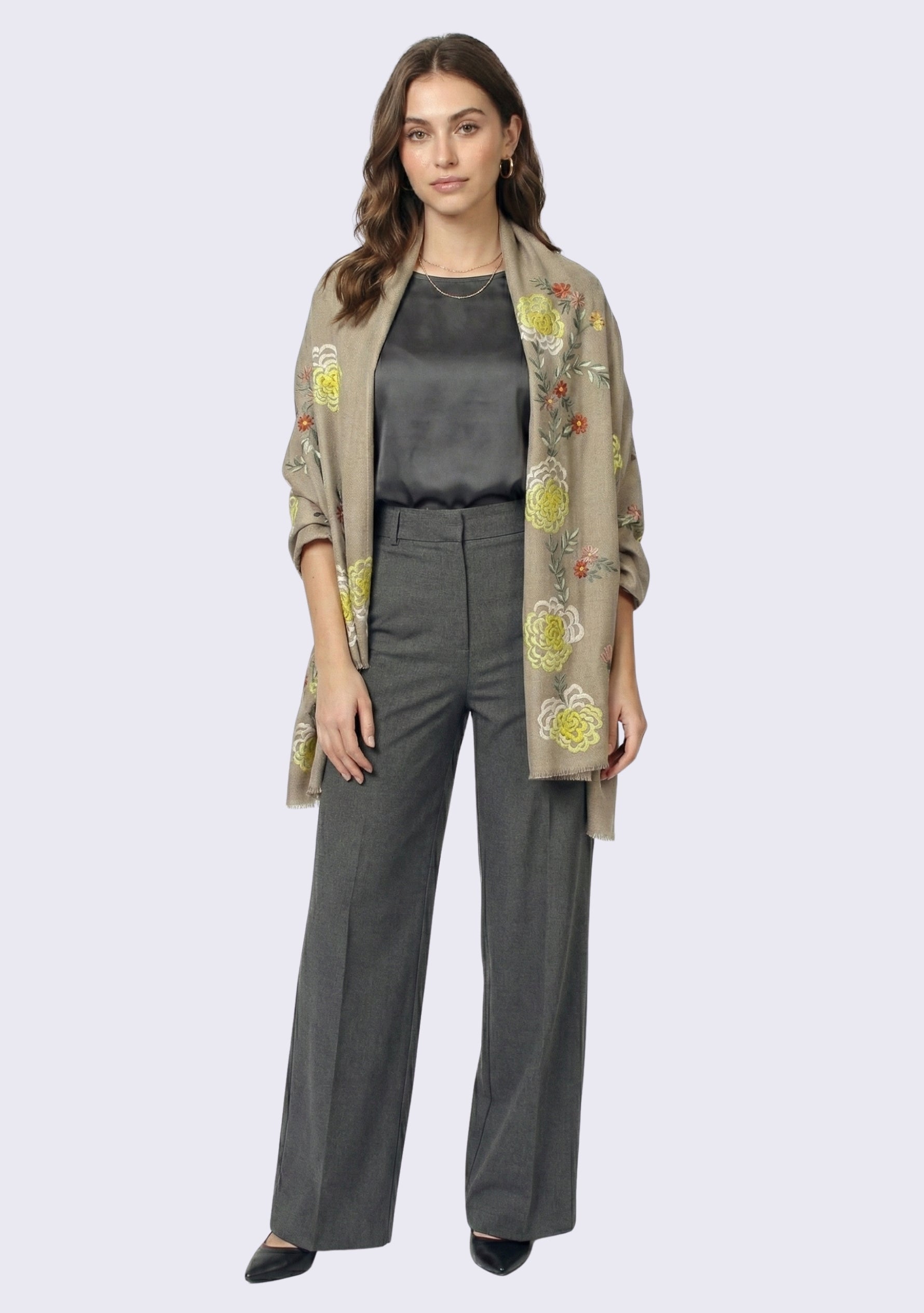 Natural Melange Wool & Silk Scarf Multi-colored Embroidery