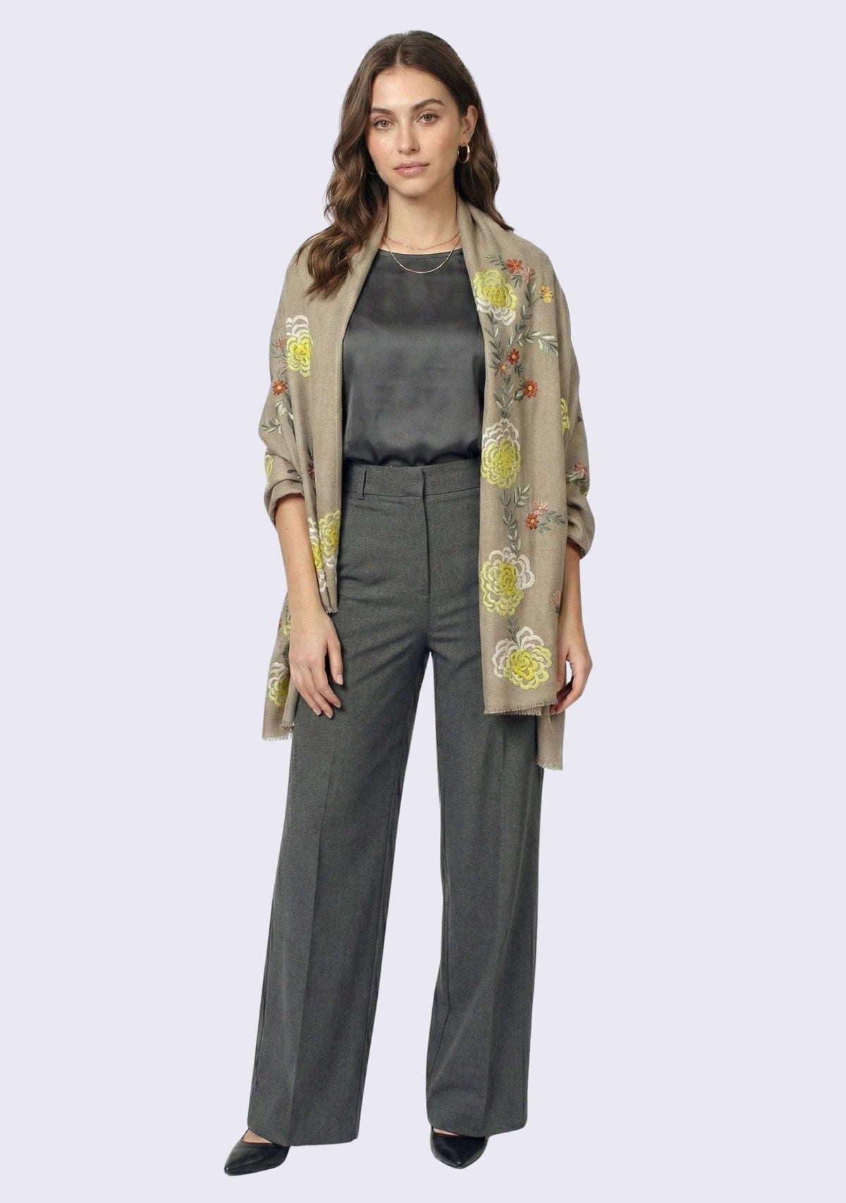 Natural Melange Wool & Silk Scarf Multi-colored Embroidery
