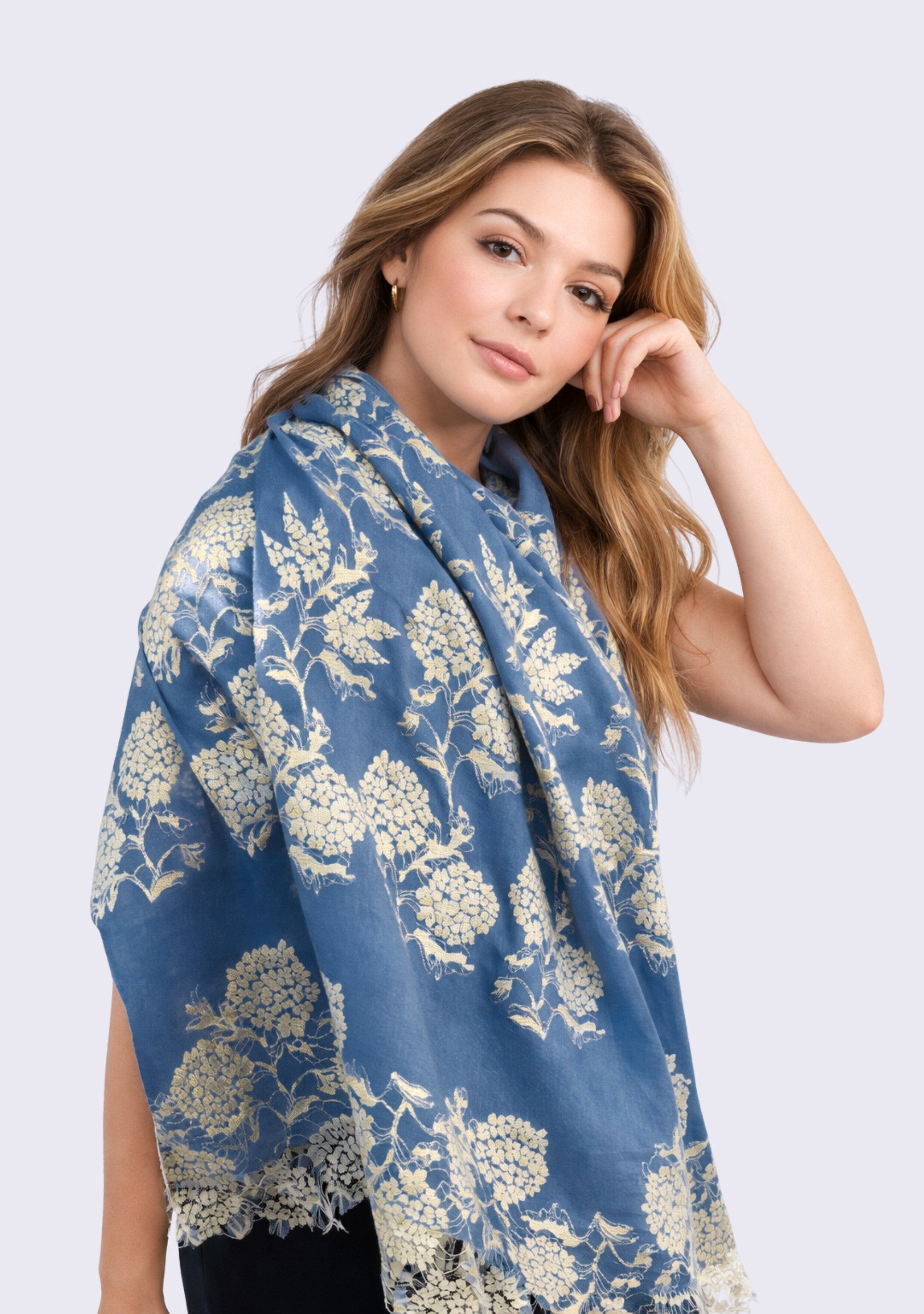 Denim Blue Wool & Silk Scarf Gold Lace