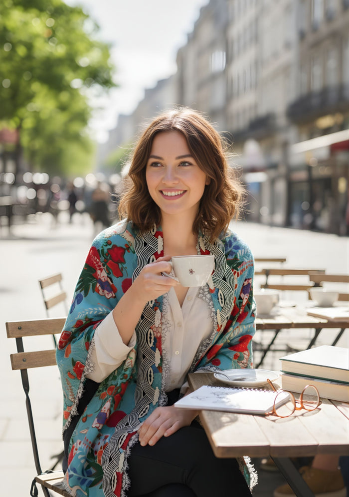 Blue Print Wool & Silk Scarf Embroidery & Ivory Lace