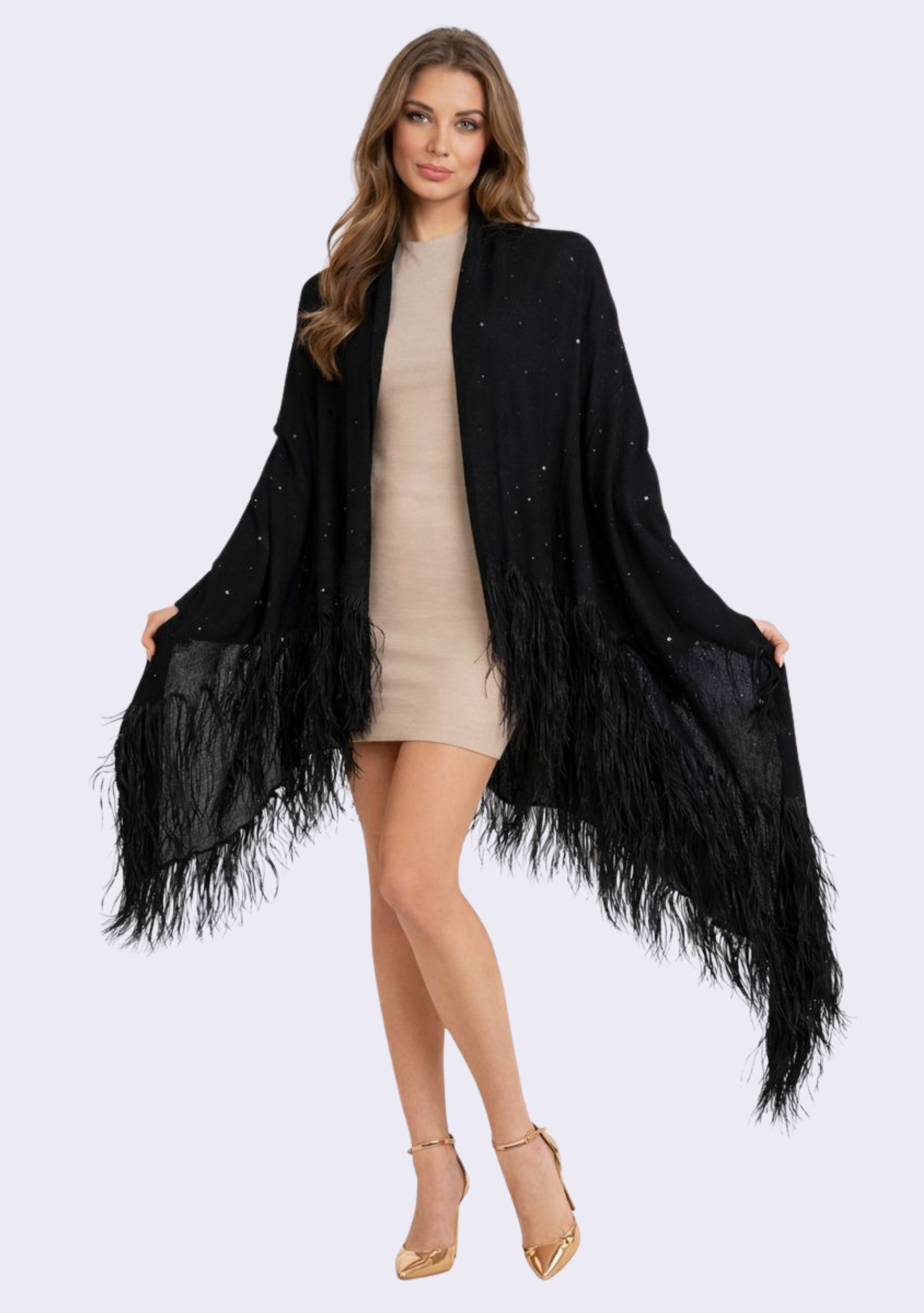 Black Cashmere Pashmina Scarf Black Ostrich Feathers & Sequin