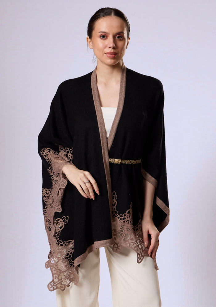 Black Wool Cape  Taupe Lace