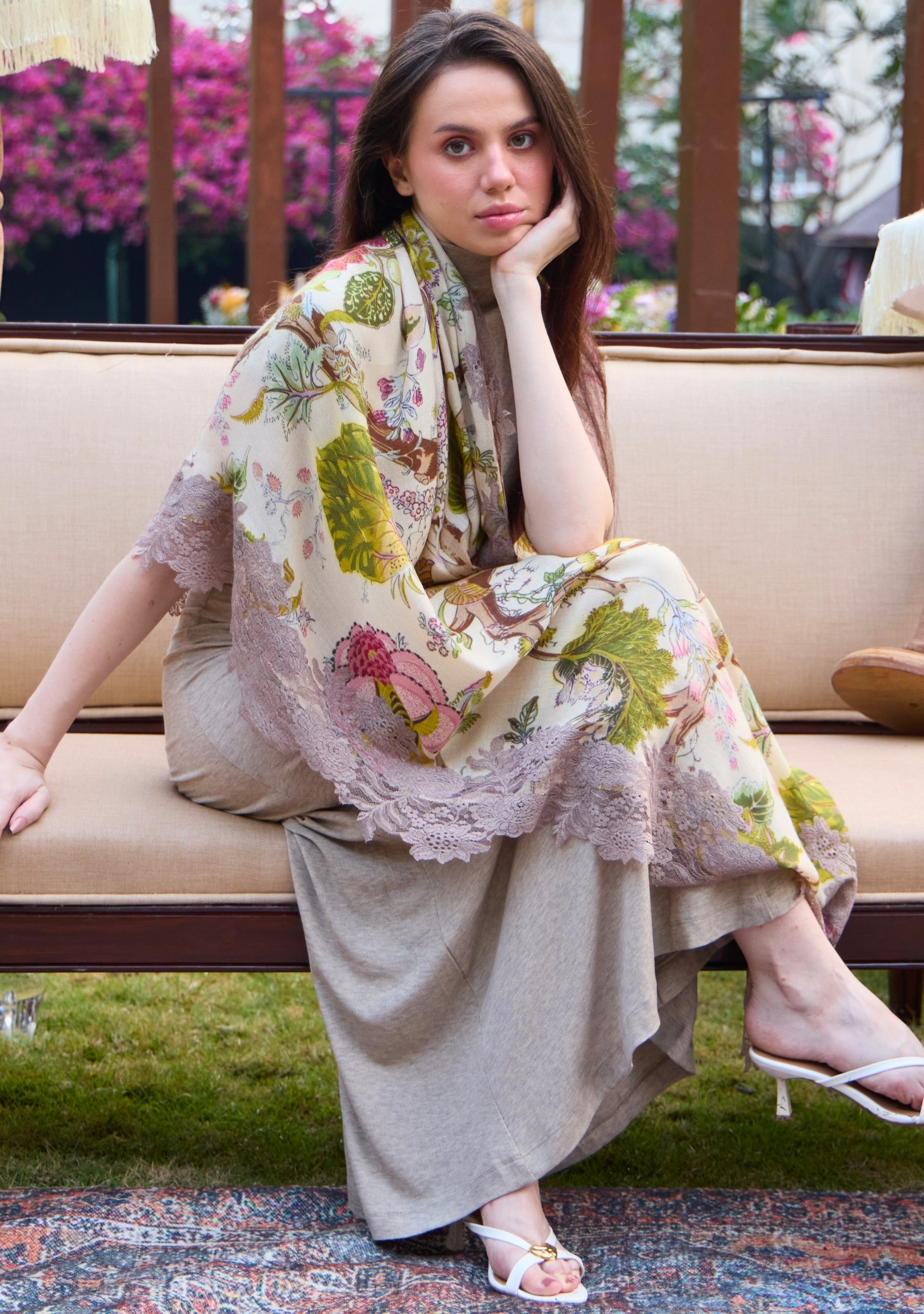 Multi-colored Botanical Print Wool & Silk Scarf Natural Lace