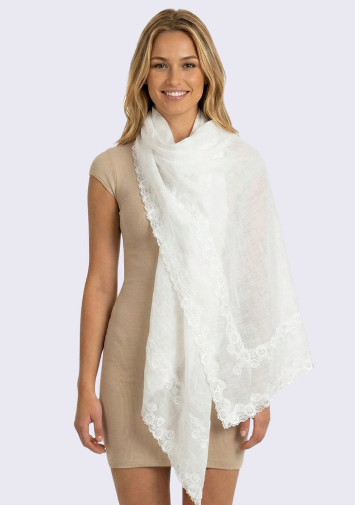 Ivory Linen & Modal Scarf 
White Lace