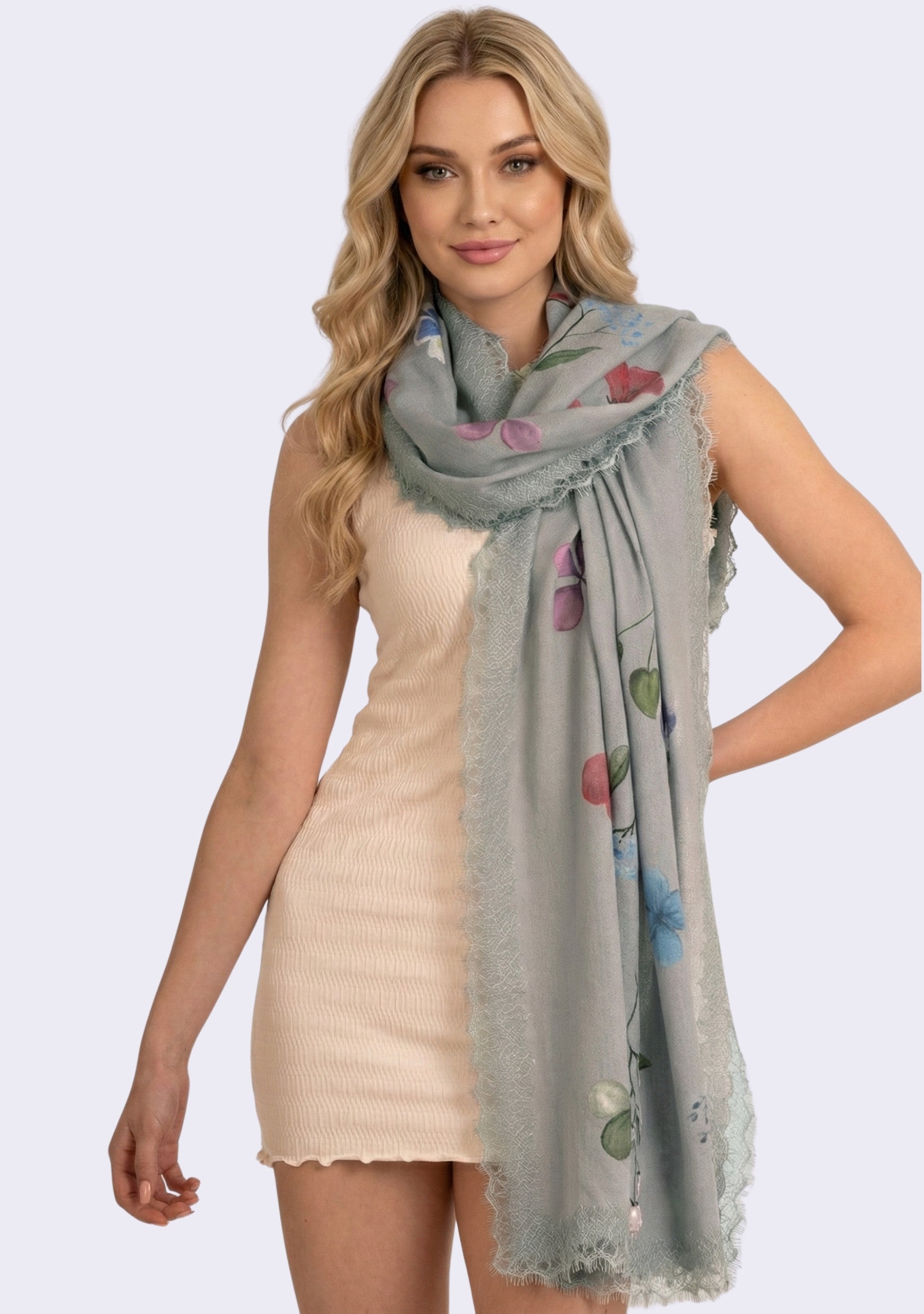 Lt. Gray Cashmere Scarf Hand-Painted & Lt. Gray Lace