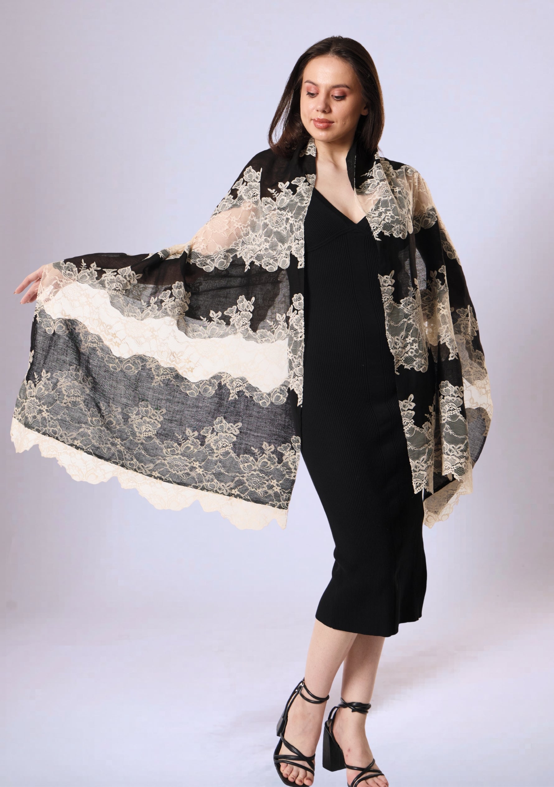 Black Linen & Modal Scarf  Beige Lace Panels