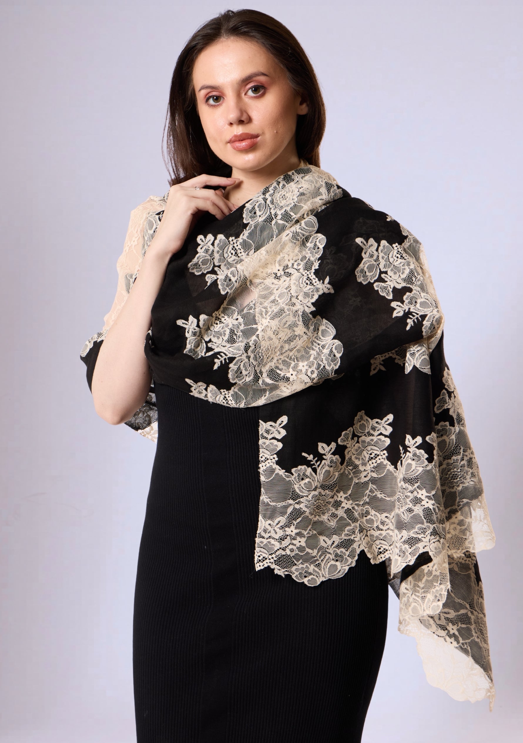 Black Linen & Modal Scarf  Beige Lace Panels