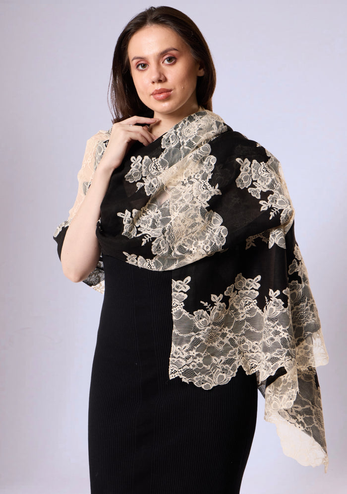 Black Linen & Modal Scarf  Beige Lace Panels