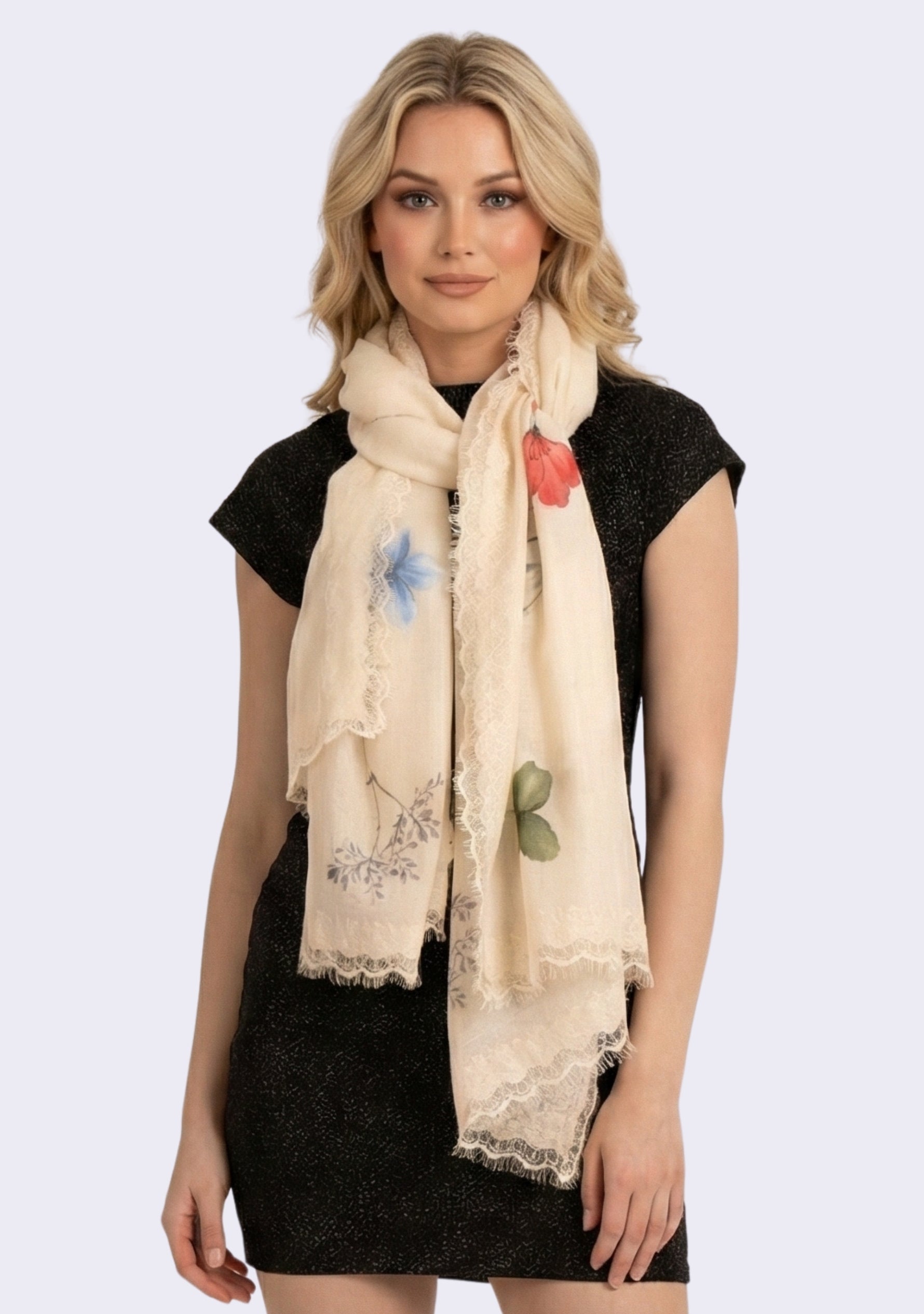 Ivory Cashmere Scarf 
Hand-Painted & Ivory Lace
