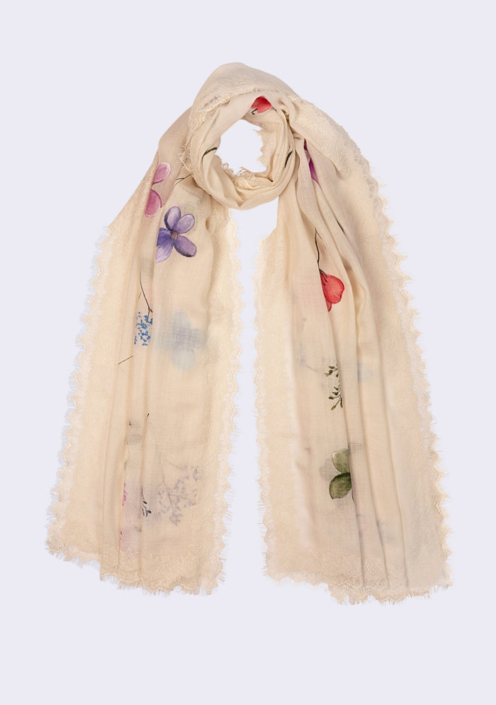 Ivory Cashmere Scarf 
Hand-Painted & Ivory Lace