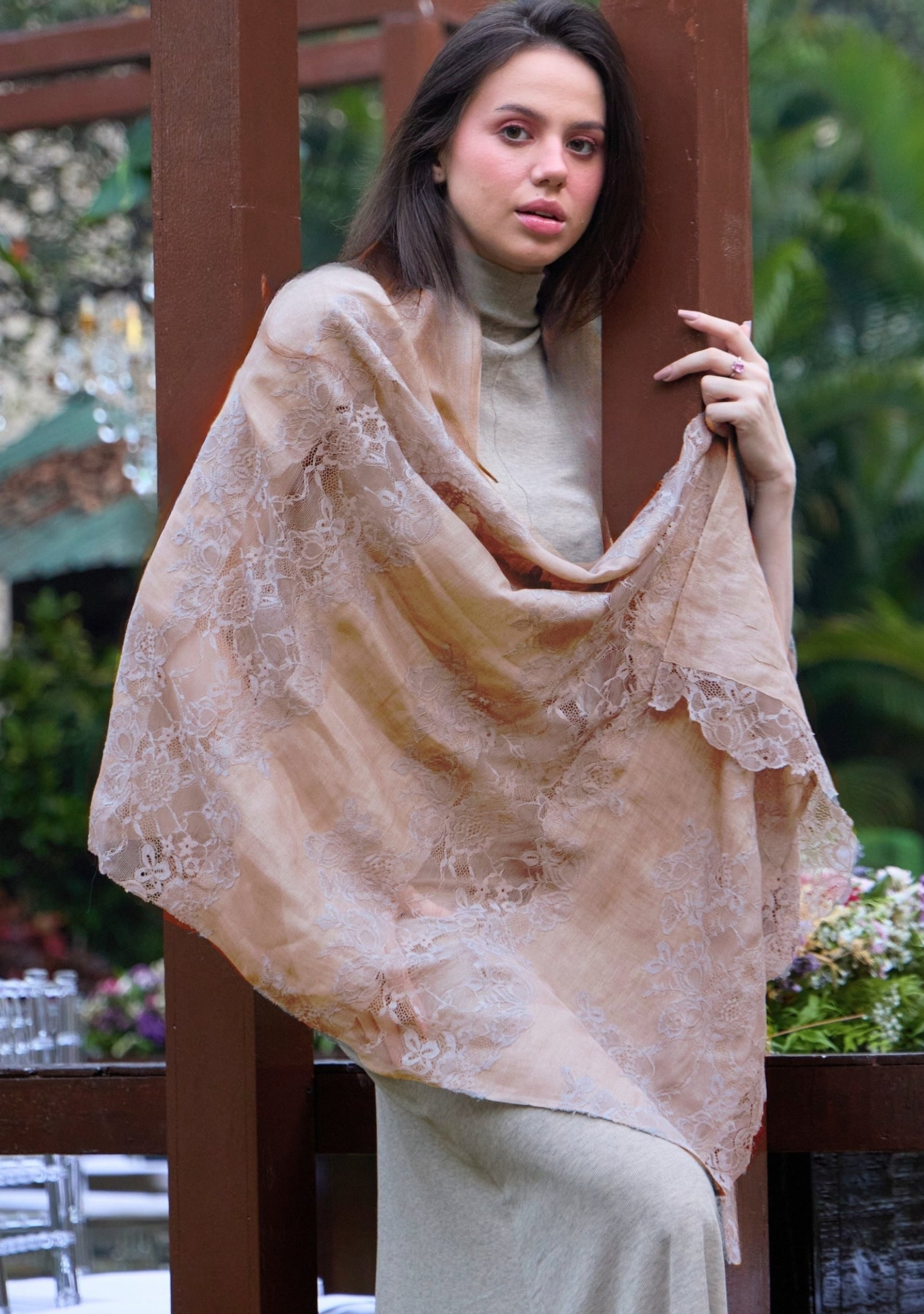 Taupe Linen & Modal Scarf  Mousse Lace Panels