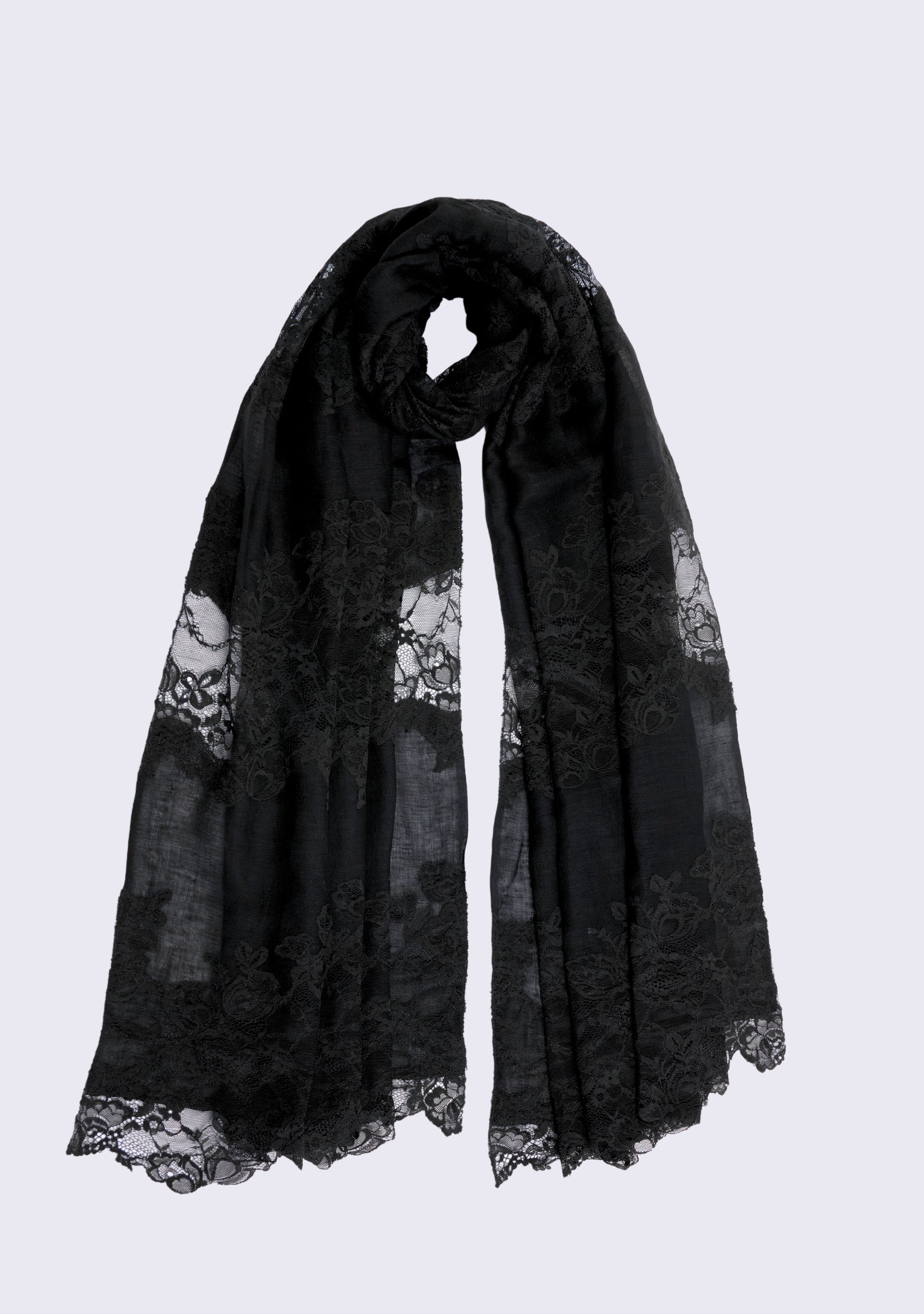 Black Linen & Modal Scarf  Black Lace Panels